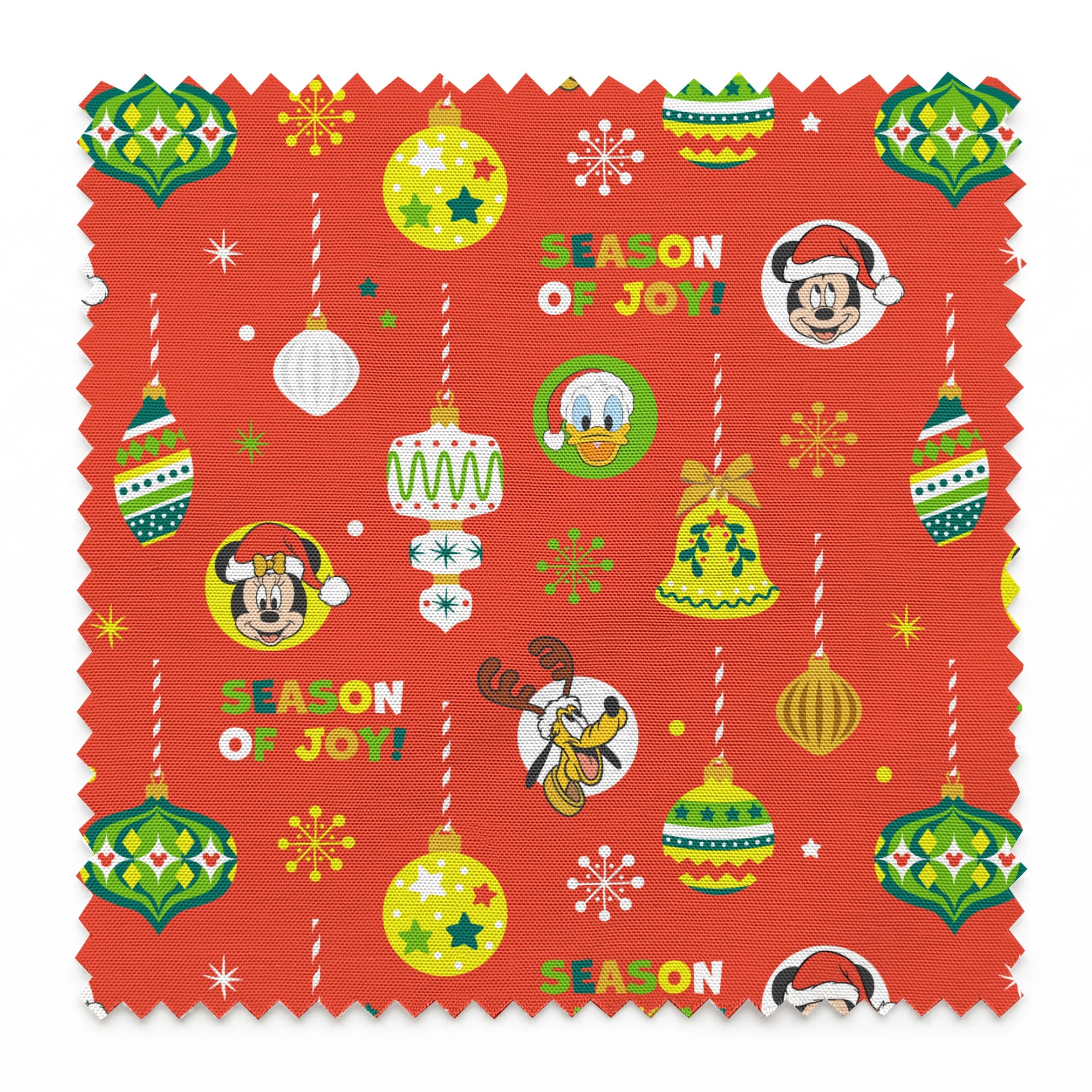 Christmas ornament pattern with colorful baubles, bells, snowflakes and Mickey Mouse characters on bright red background springs swatch pinked