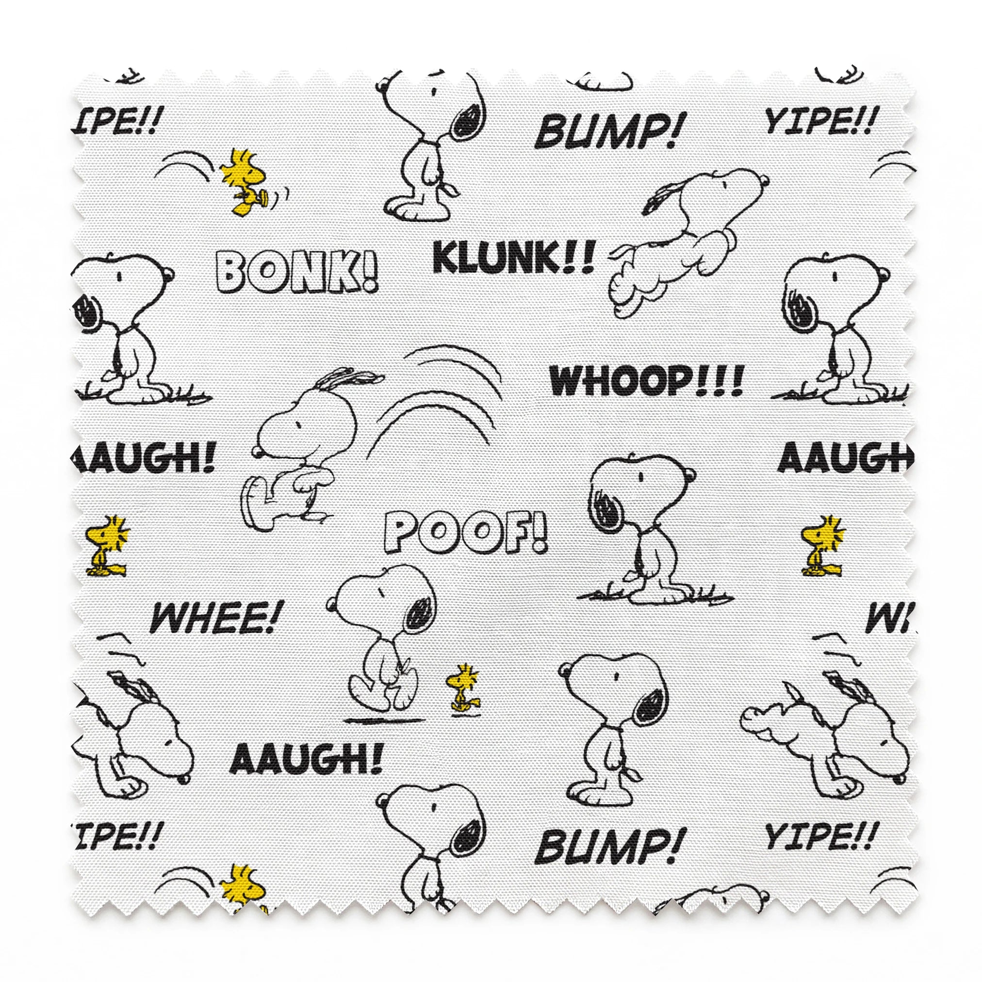 Comic-style pattern of Snoopy and Woodstock with sound effect words like "BONK!", "KLUNK!" and "BUMP!" in black and white. springs swatch pinked