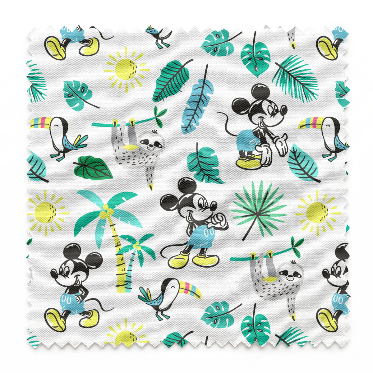 Tropical pattern with cartoon characters, sloths, toucans, palm leaves, and suns on white background springs swatch pinked