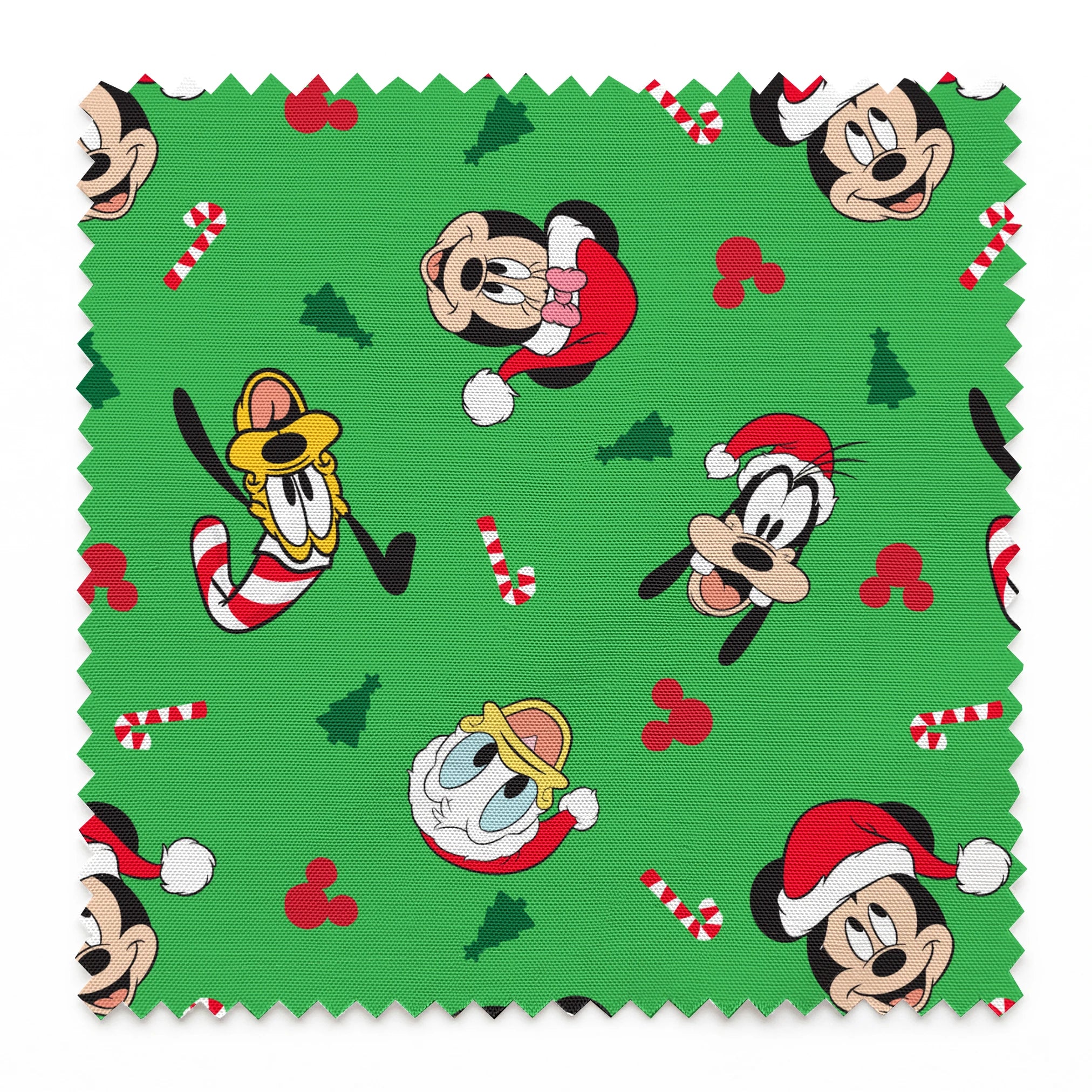 Disney Mickey Mouse characters in Santa hats on green background with candy canes and Christmas trees springs swatch pinked