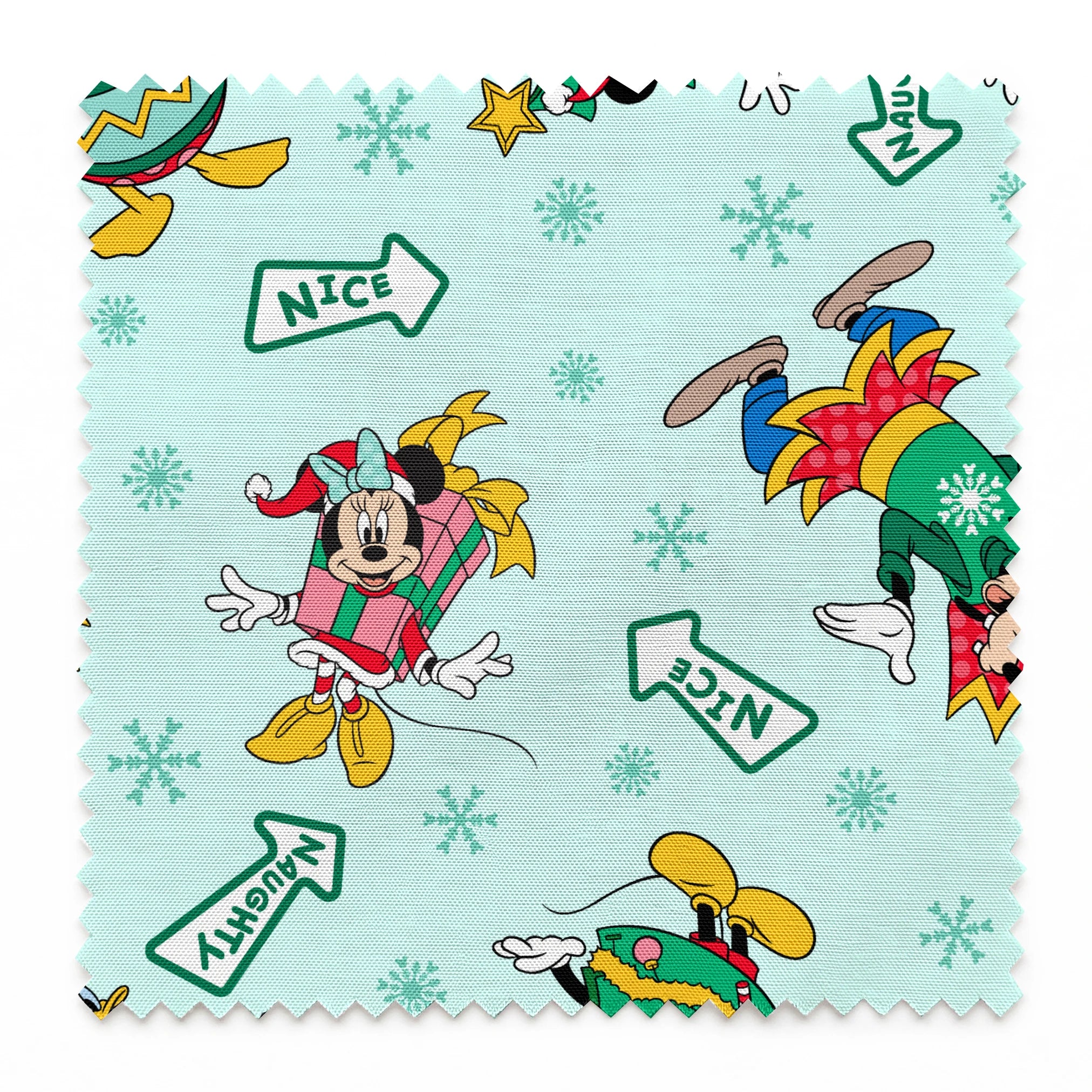 Disney character pattern with Minnie and Mickey in festive holiday outfits on light blue background with snowflakes and "Nice" signs. springs swatch pinked