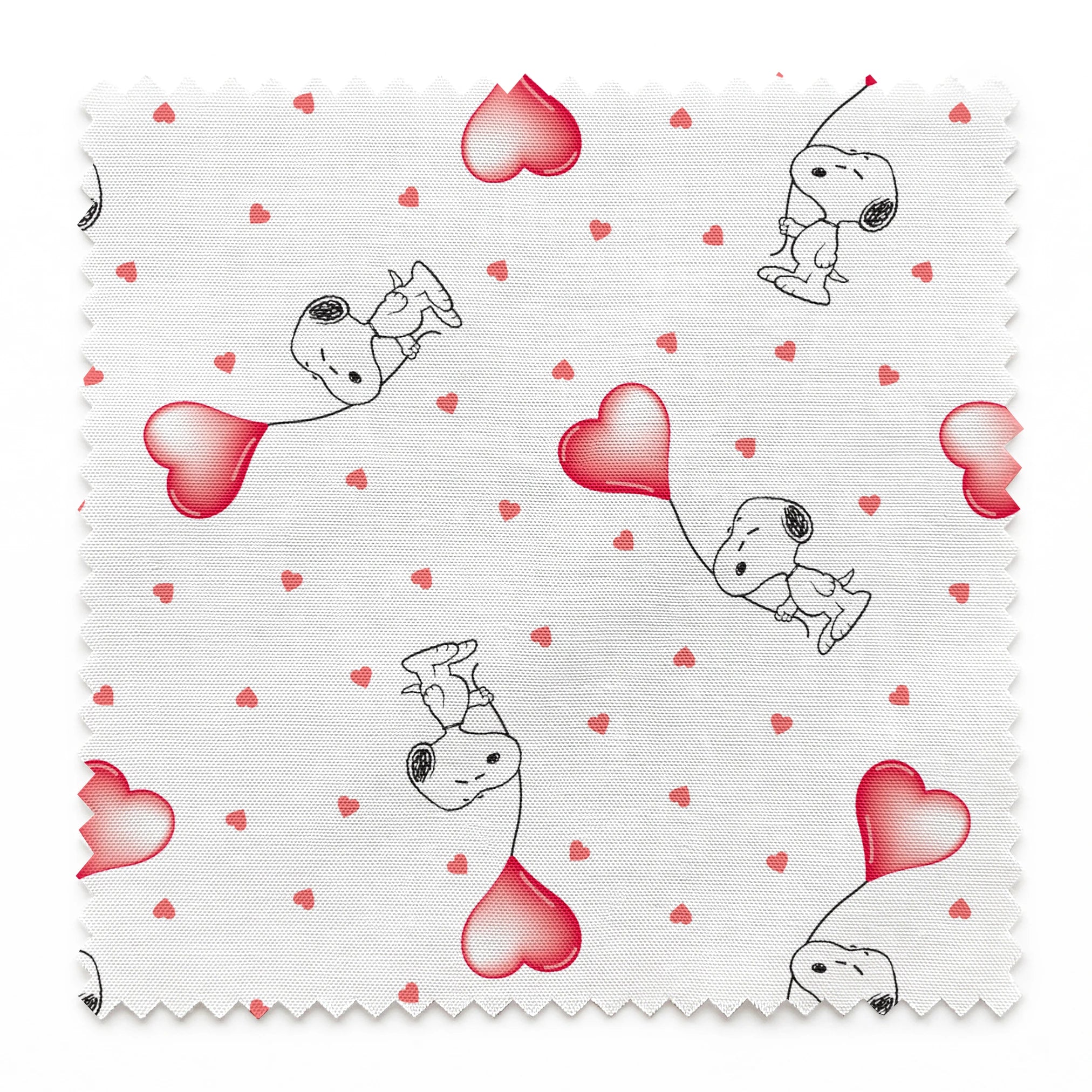 Cute Snoopy holding heart-shaped balloons with small hearts scattered on white background springs swatch pinked