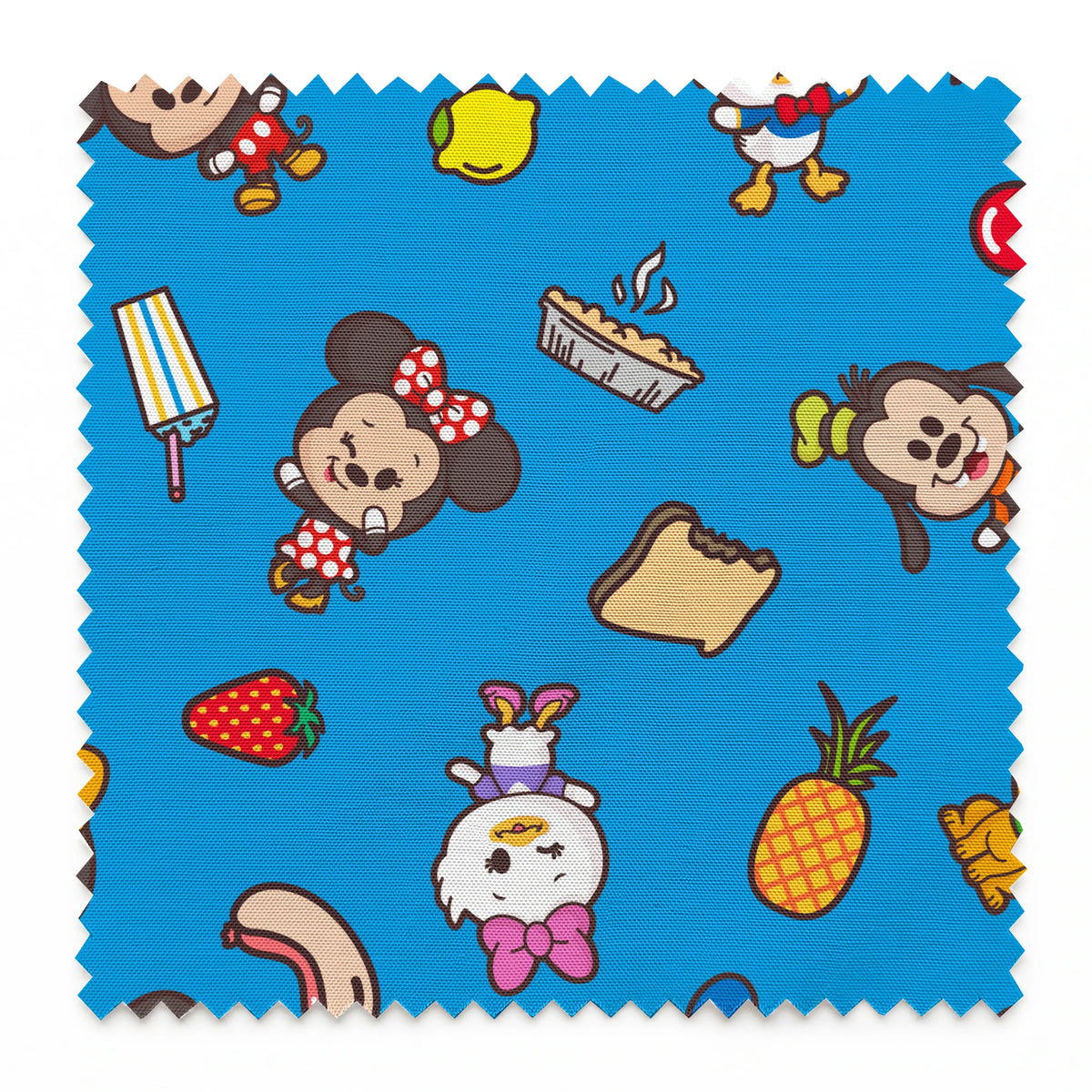 Mickey, friends, and food items pattern on blue background, featuring Mickey, Minnie, Donald, and fruit icons springs swatch pinked