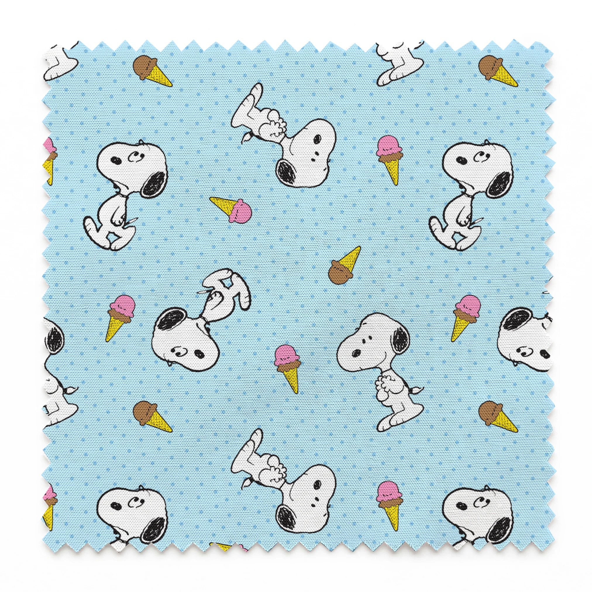 Snoopy pattern on light blue background with ice cream cones and small white dots springs swatch pinked