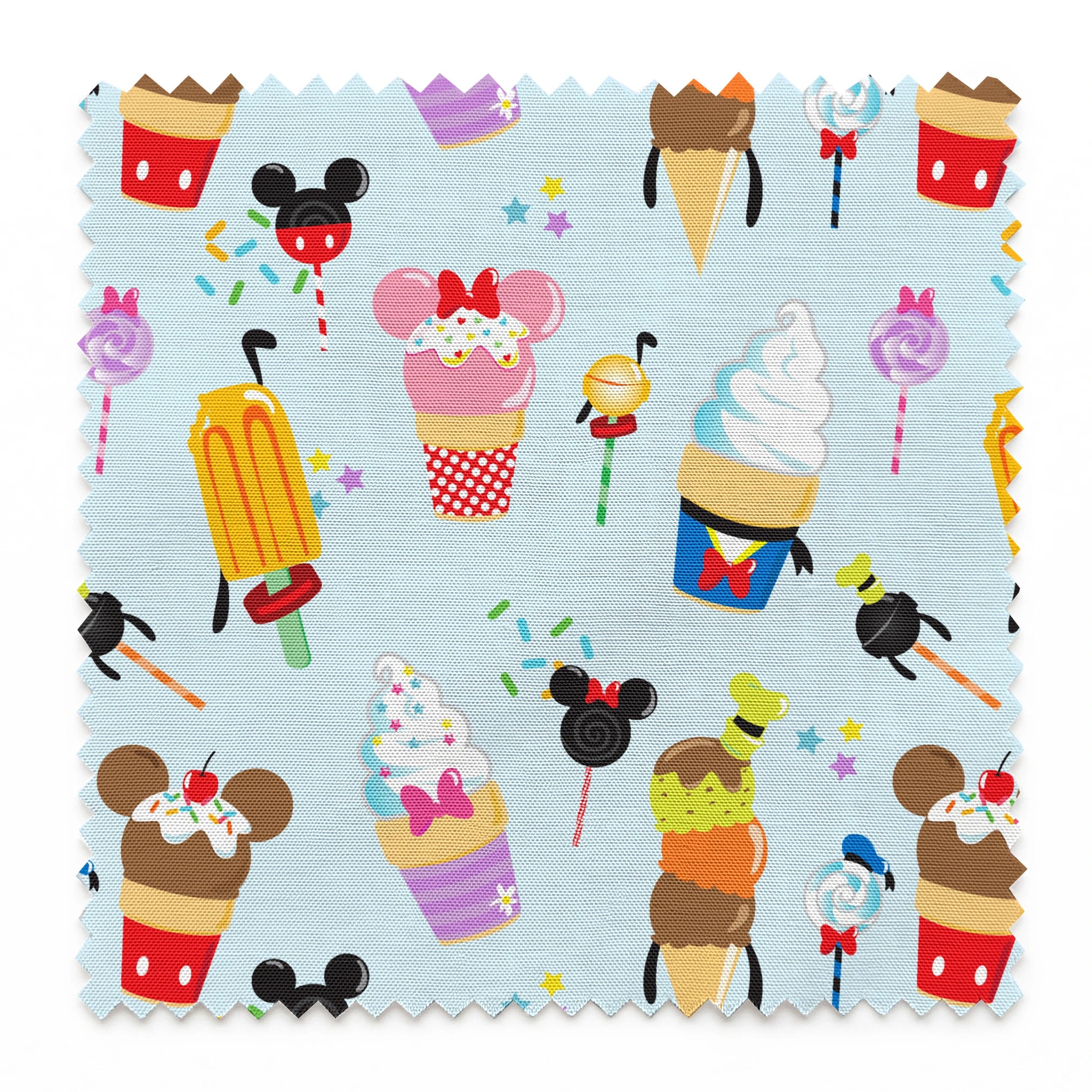 Disney-themed ice cream and sweet treats pattern with Mickey and Minnie icons on light blue background springs swatch pinked