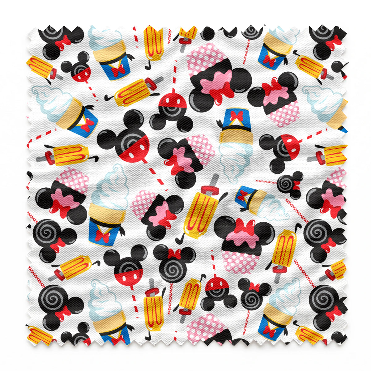 Disney-inspired pattern with ice cream cones and colorful swirled decorative elements on white background springs swatch pinked