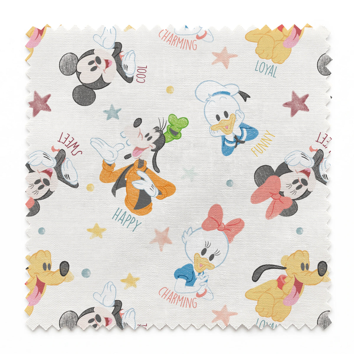 Colorful Disney character pattern with Mickey, Minnie, Donald, Pluto and stars on white background springs swatch pinked