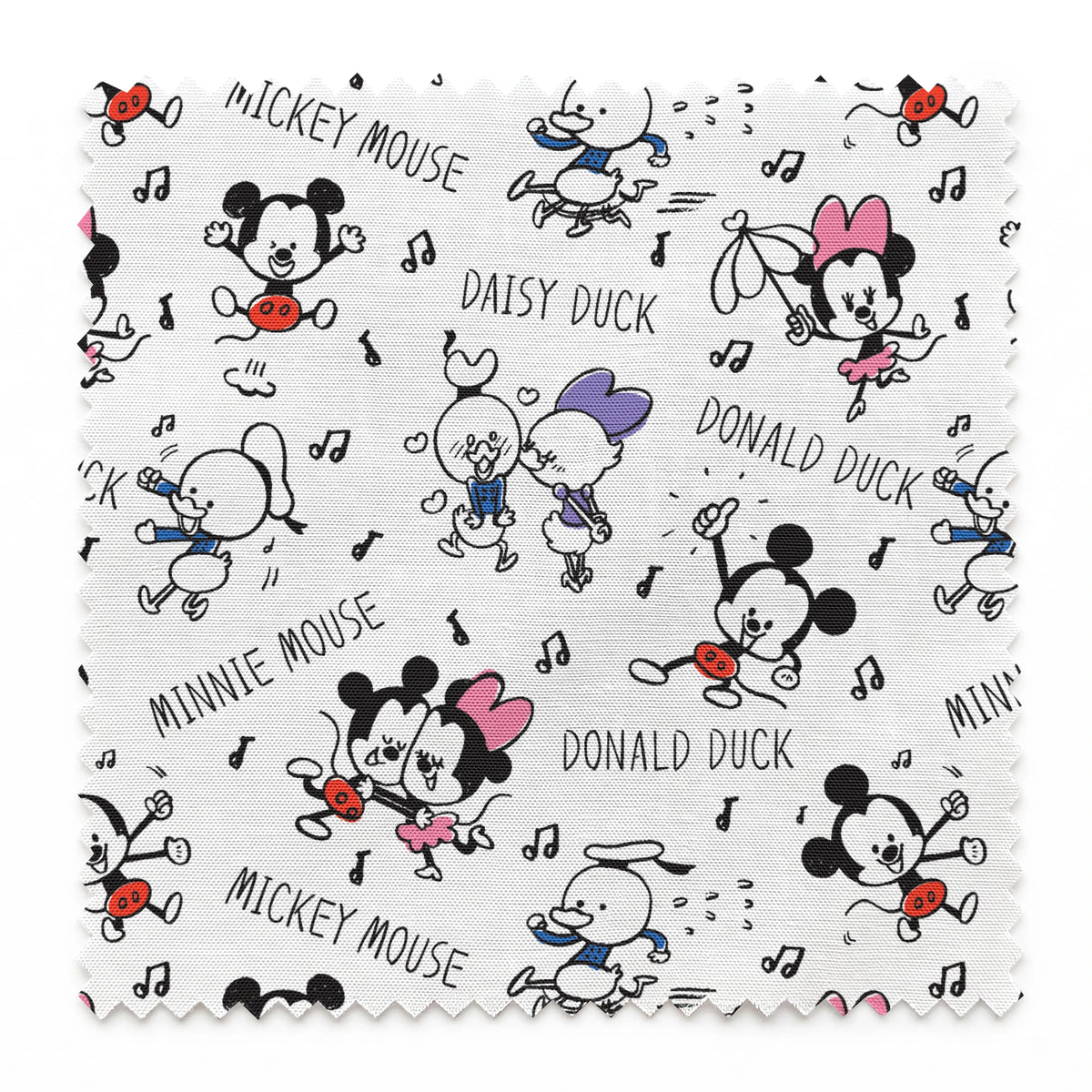 Classic Disney cartoon characters pattern with Mickey, Minnie, Donald, and Daisy with musical notes on white background. springs swatch pinked