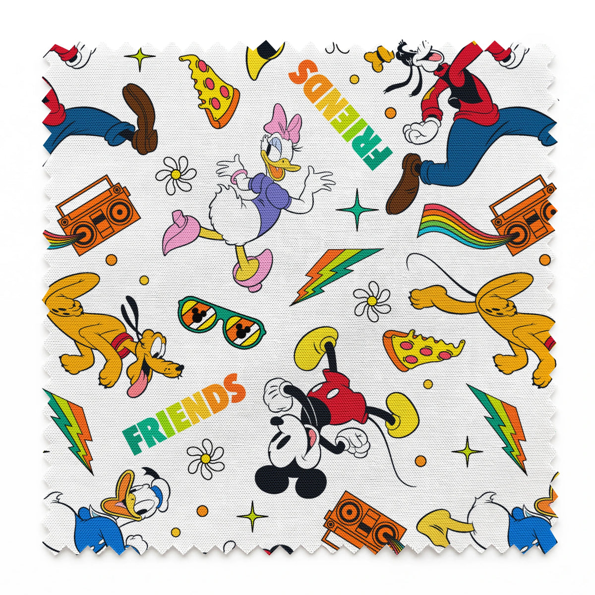Cartoon pattern featuring classic Disney characters with radios, rainbows, sunglasses and "FRIENDS" text on white background. springs swatch pinked