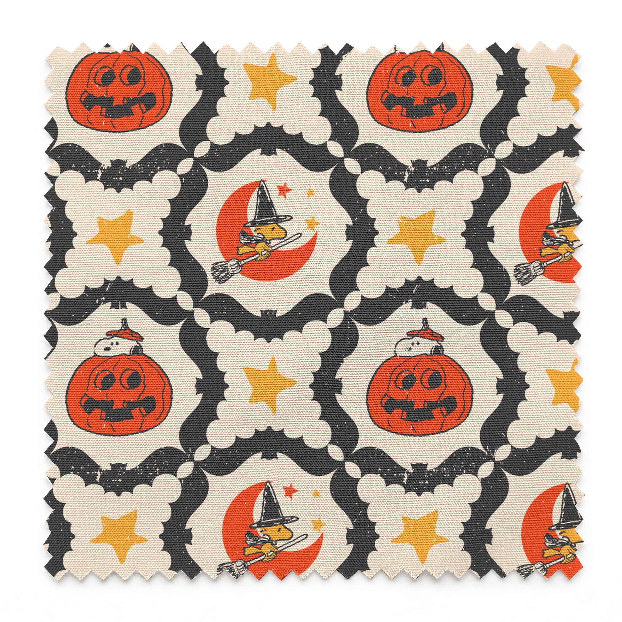 Peanuts Halloween pattern with orange jack-o'-lanterns, crescent moons with witch hats, yellow stars, and black bat borders on cream background springs swatch pinked