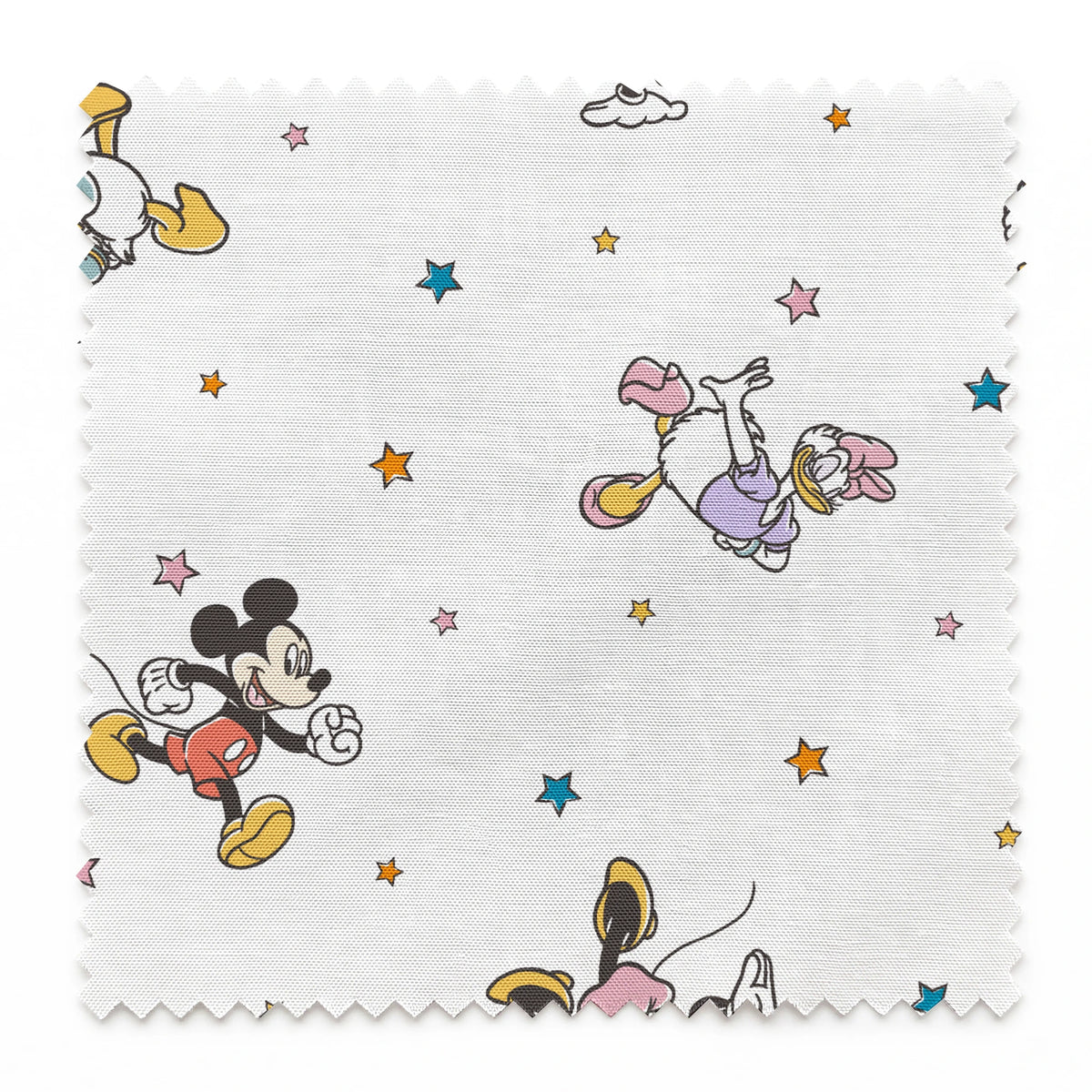 Disney characters pattern with Mickey Mouse and unicorns on white background with colorful stars springs swatch pinked