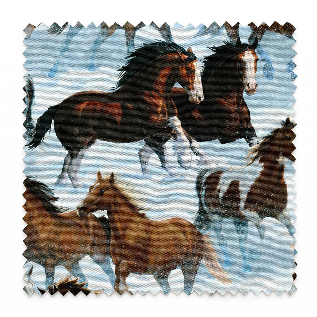 Wild horses running through snowy landscape in various brown, black and gray colors springs swatch pinked