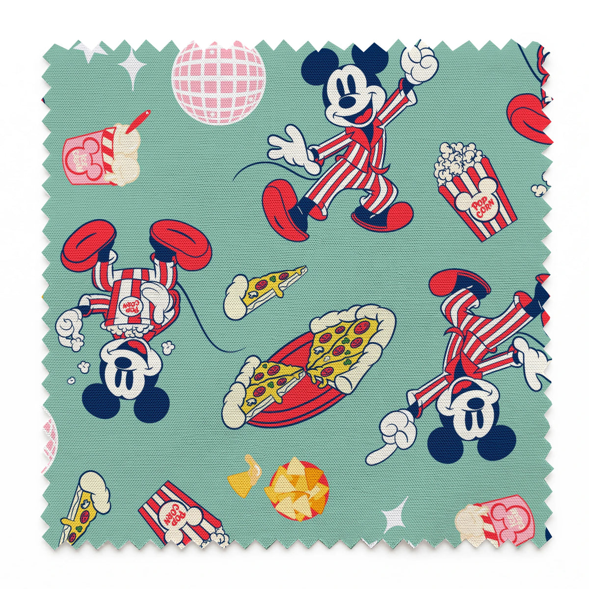 Mickey Mouse in red striped outfits with disco balls, pizza, popcorn, and snacks on mint green background. springs swatch pinked