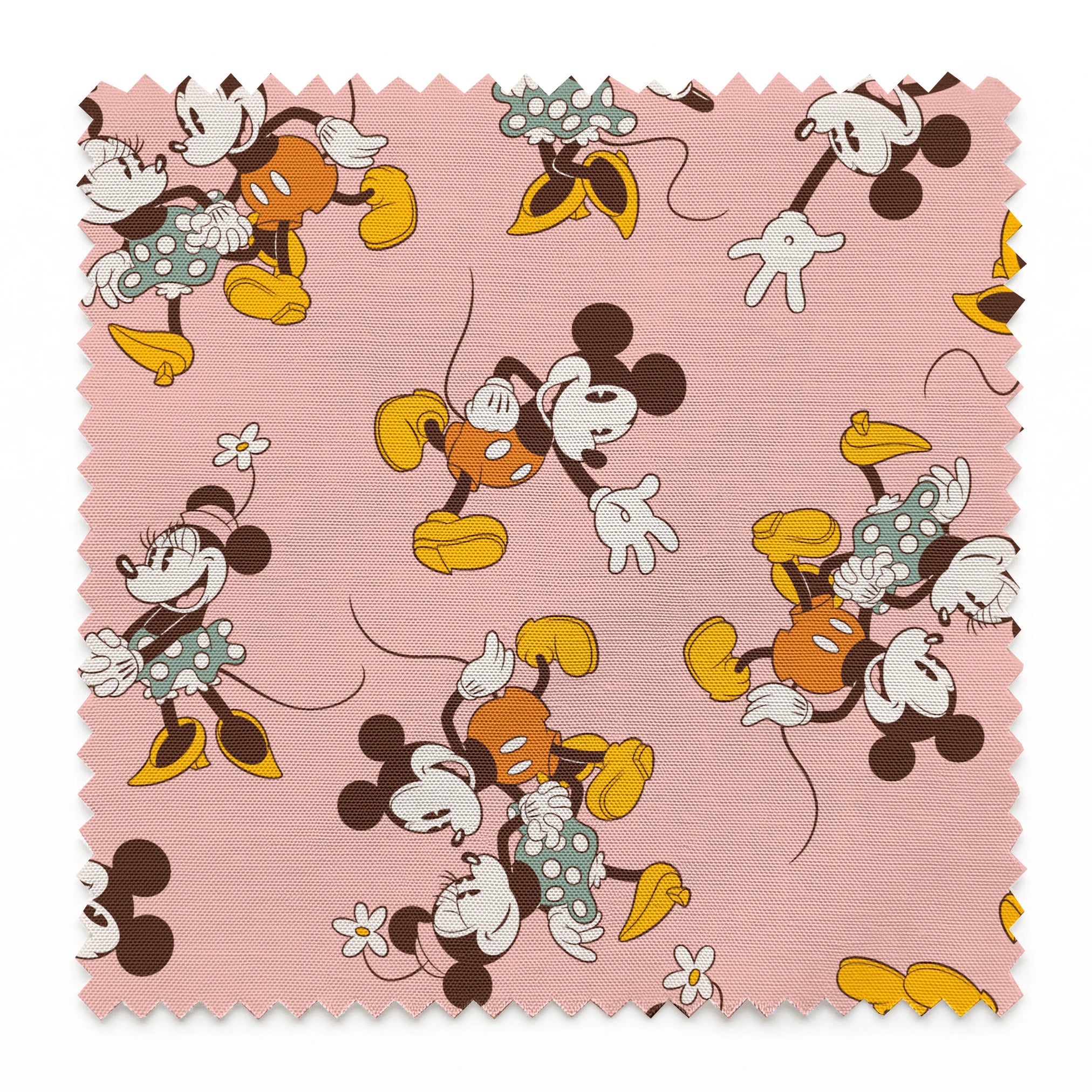 Mickey and Minnie Mouse characters in vintage style on pink background with repeated pattern springs swatch pinked
