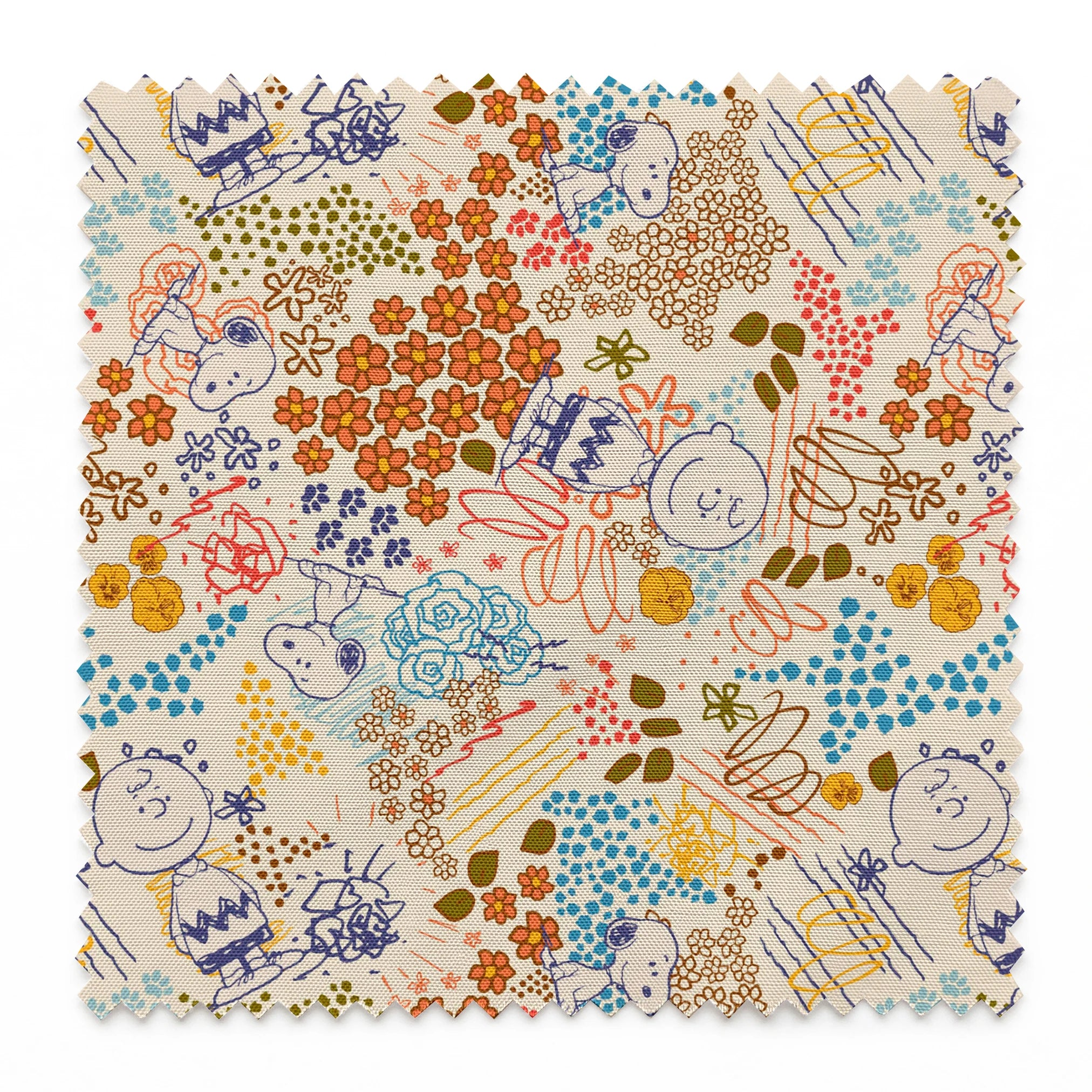 Colorful pattern with Peanuts characters sketches, floral designs, and dots in orange, blue, yellow, and green on a cream background springs swatch pinked