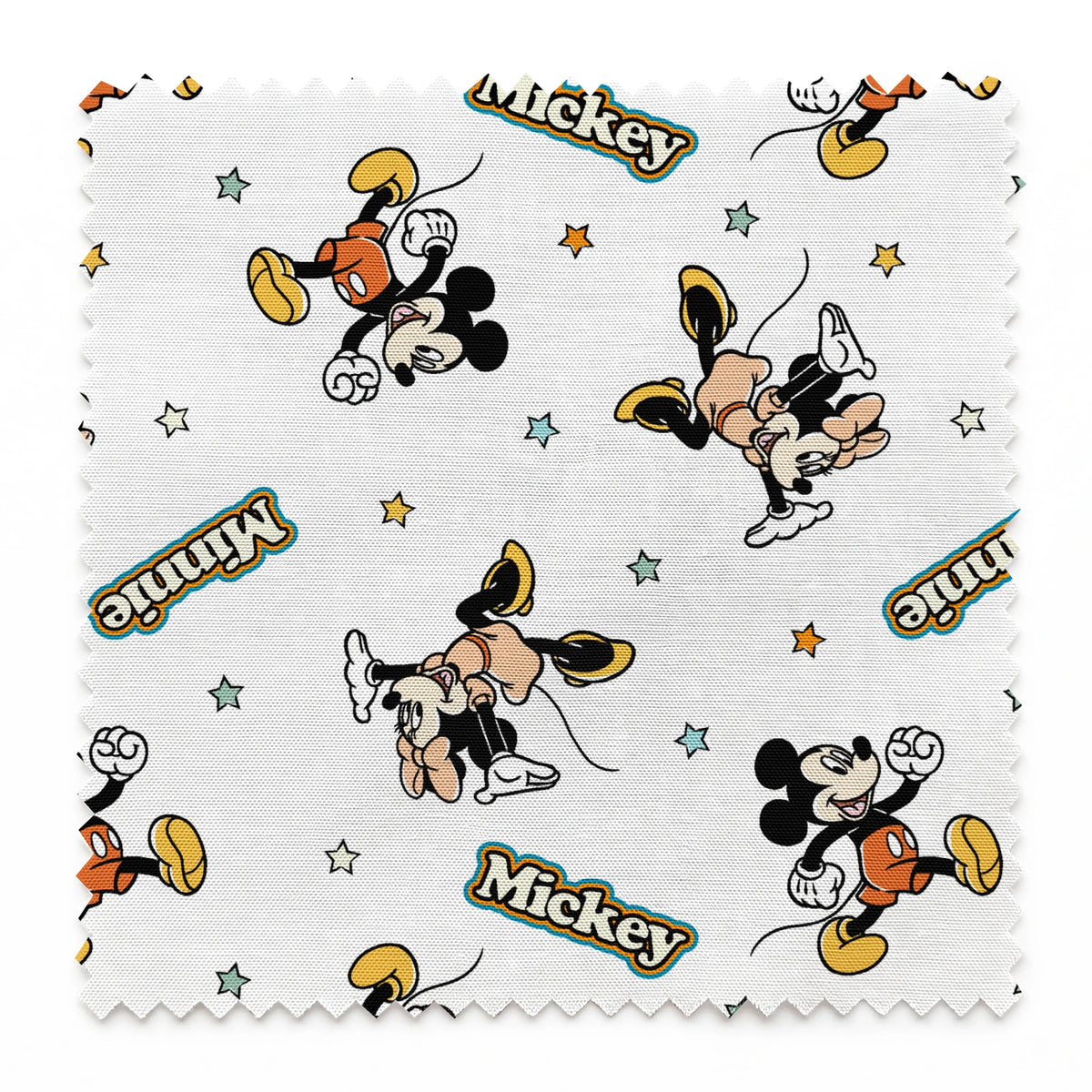 Pattern of cartoon Disney characters including Mickey Mouse and Minnie with yellow stars on white background springs swatch pinked