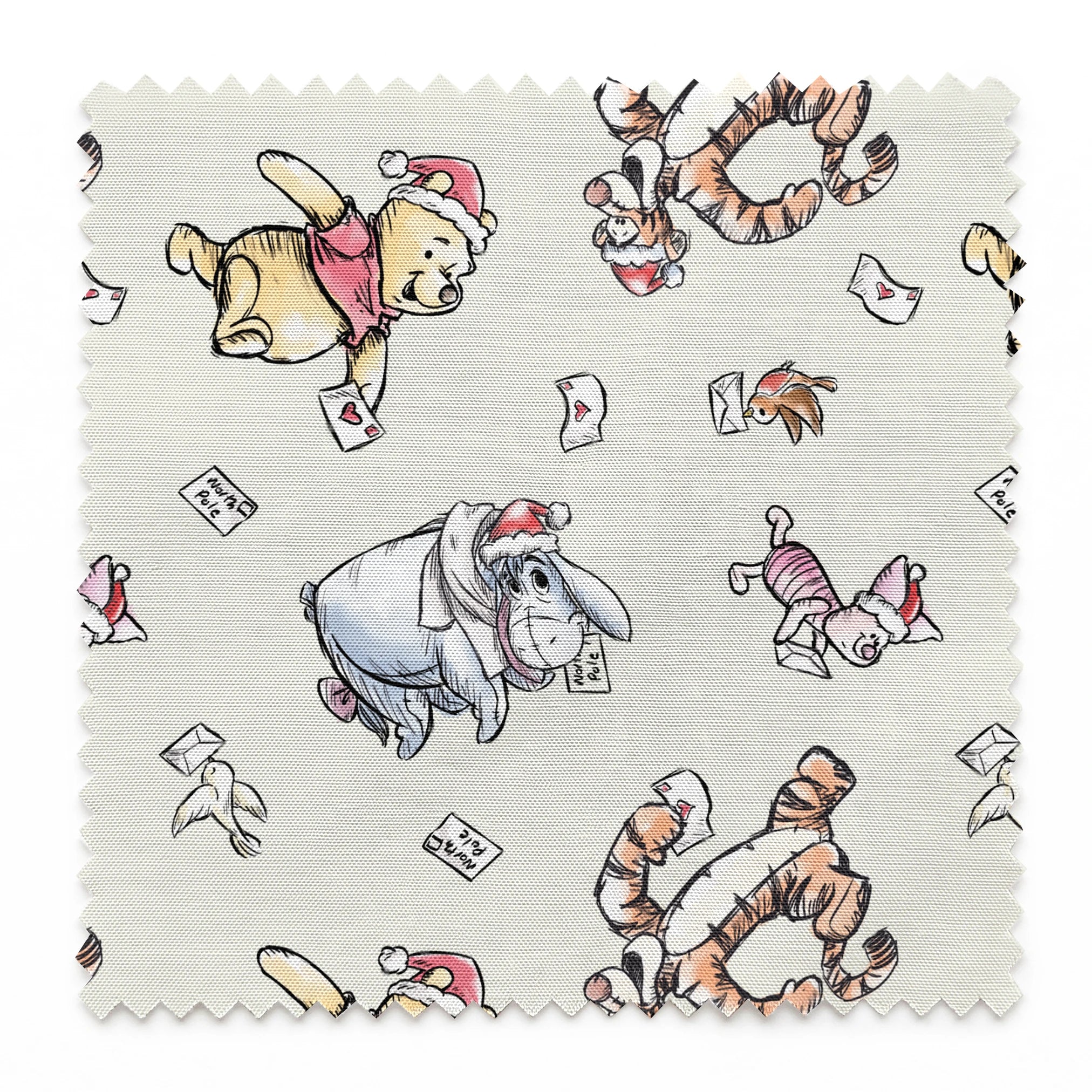 Whimsical cartoon characters in Santa hats on cream background with scattered letters springs swatch pinked