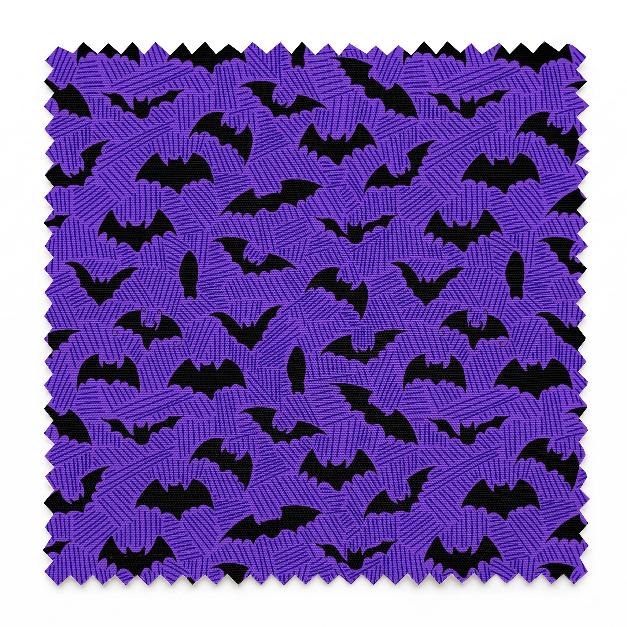 Black bat silhouettes scattered over purple zigzag background, Halloween-themed pattern springs swatch pinked