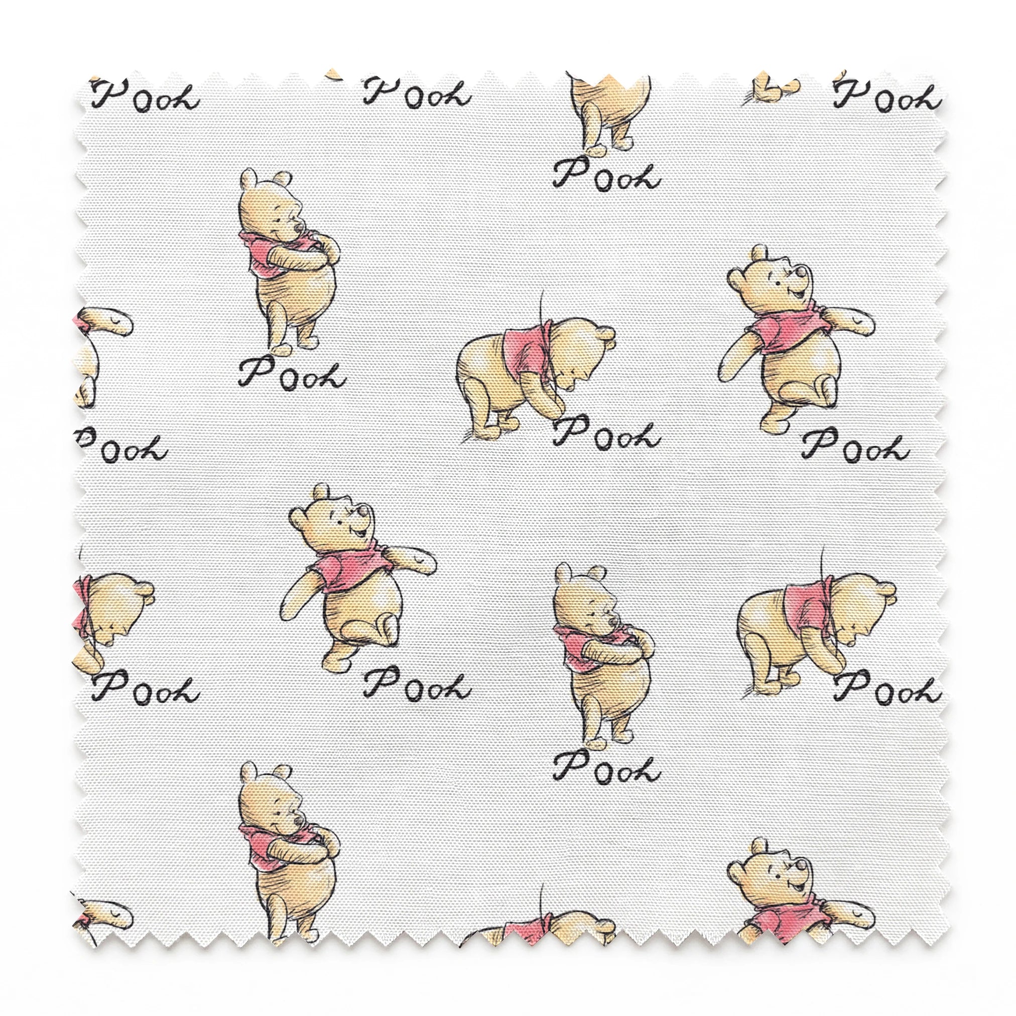 Winnie the Pooh pattern featuring cute yellow bears with red shirts in various poses, labeled "Pooh springs swatch pinked
