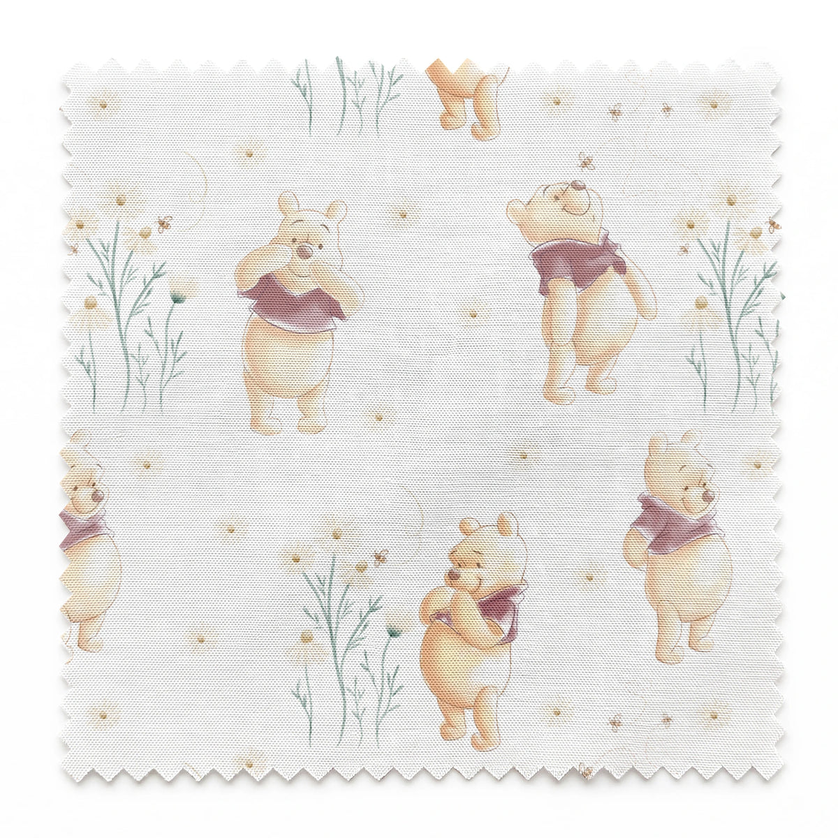Winnie the Pooh pattern with cartoon bear in red shirt amid delicate white flowers springs swatch pinked
