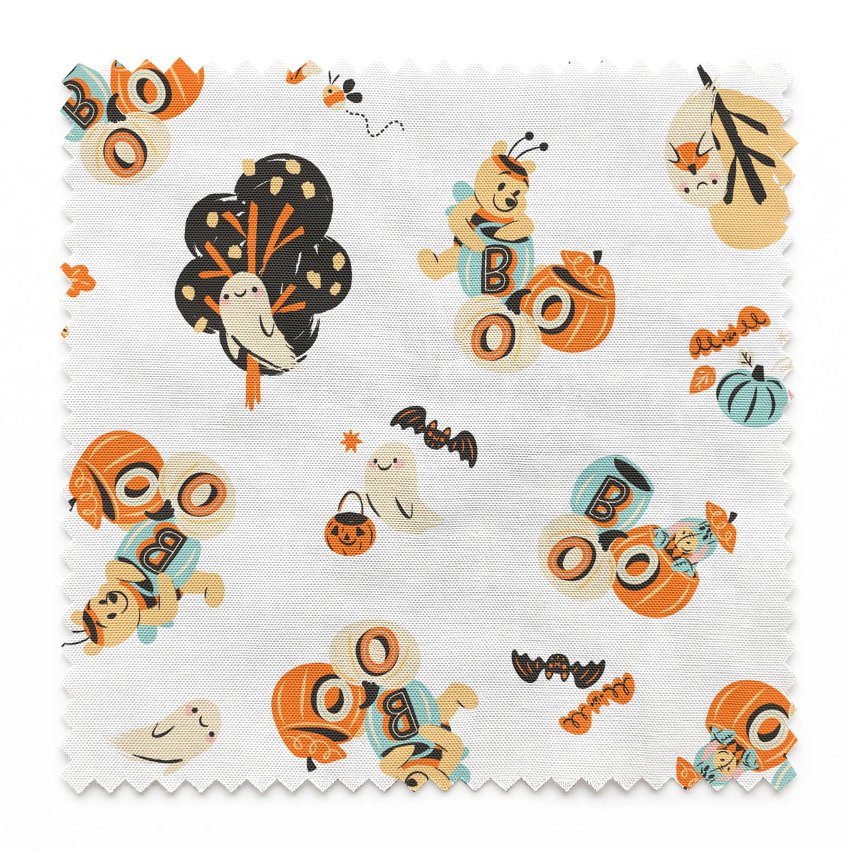 Halloween-themed pattern with Winnie the Pooh characters, pumpkins, and autumn motifs in orange, teal and black on white background. springs swatch pinked