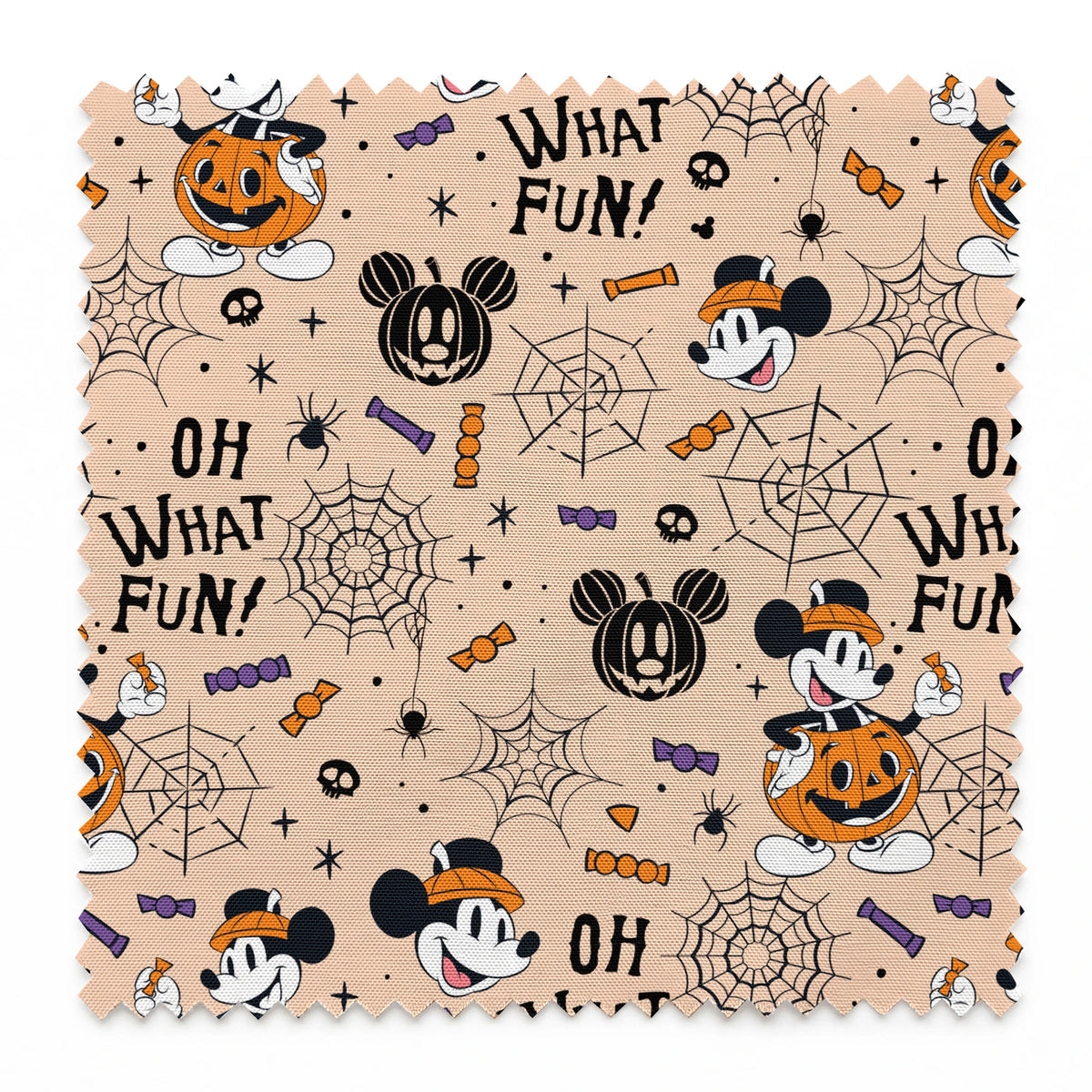 Halloween Mickey Mouse pattern with "OH WHAT FUN!" text, pumpkins, spiderwebs, and candy on beige background springs swatch pinked