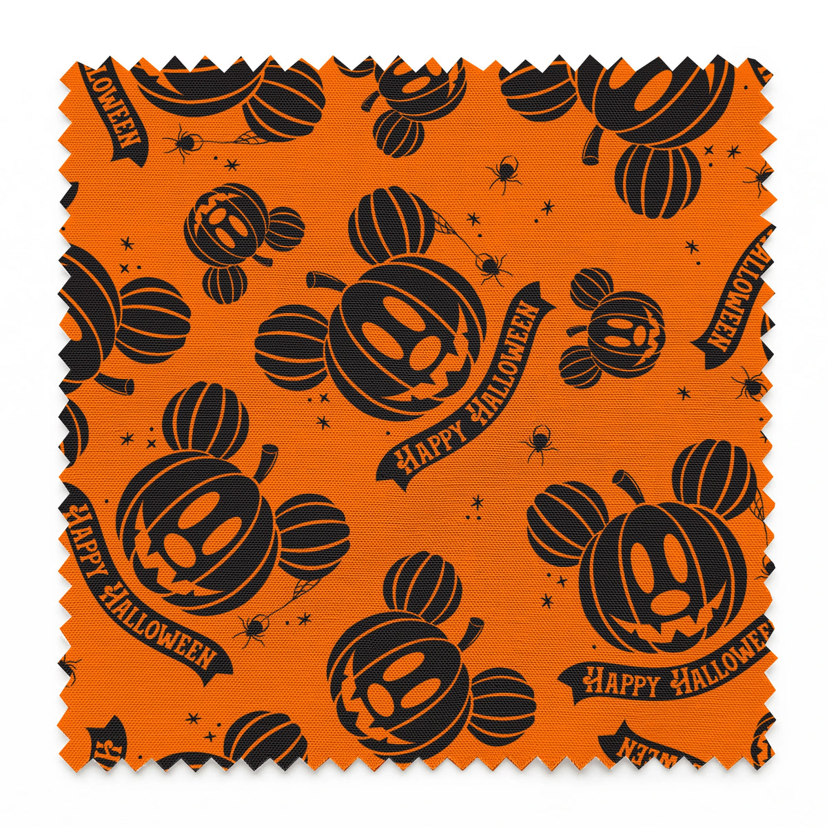Halloween pattern with Disney-inspired jack-o'-lantern pumpkins and "Happy Halloween" text on bright orange background springs swatch pinked