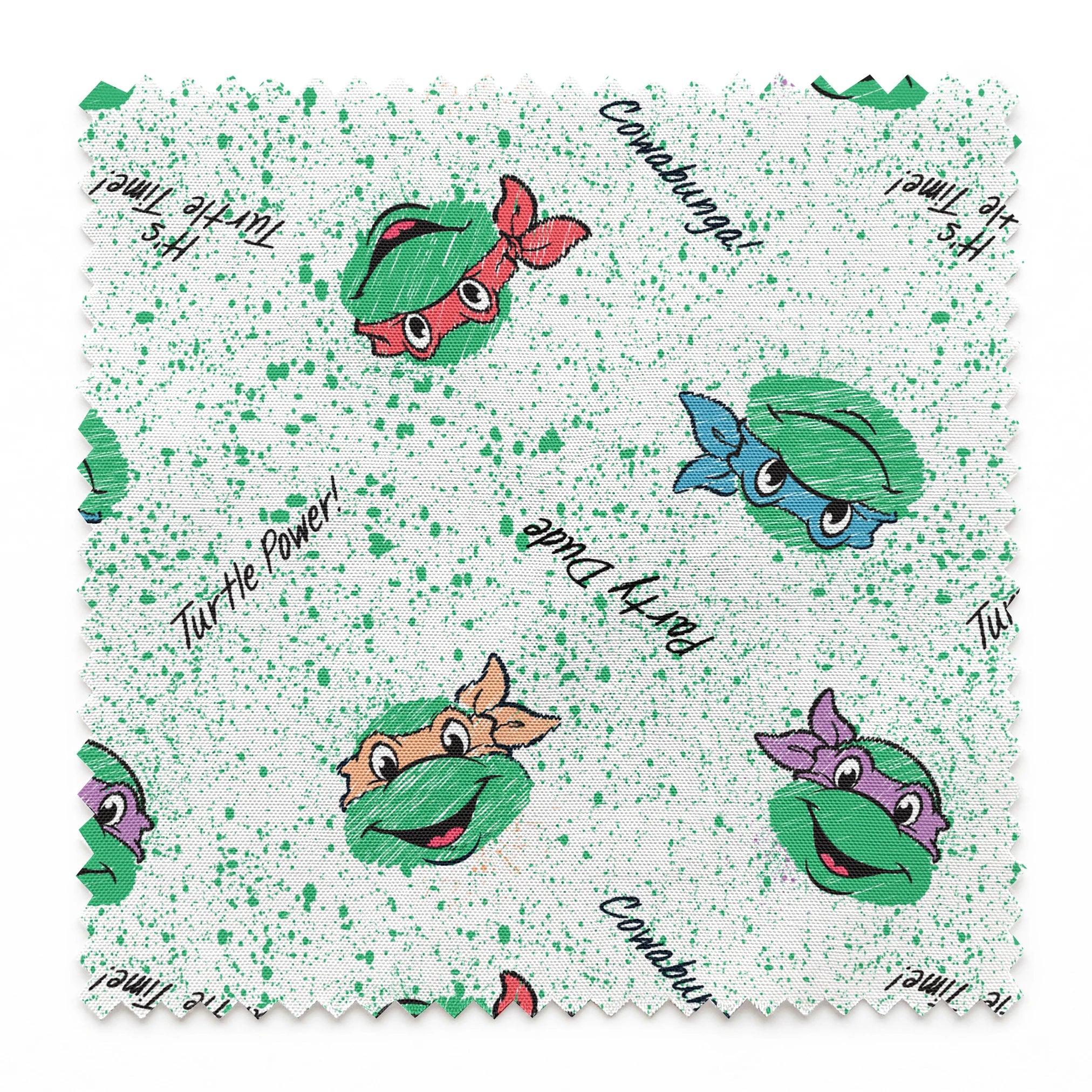Pattern of Teenage Mutant Ninja Turtles with colorful masks on speckled green background with phrases like "Turtle Power! springs swatch pinked