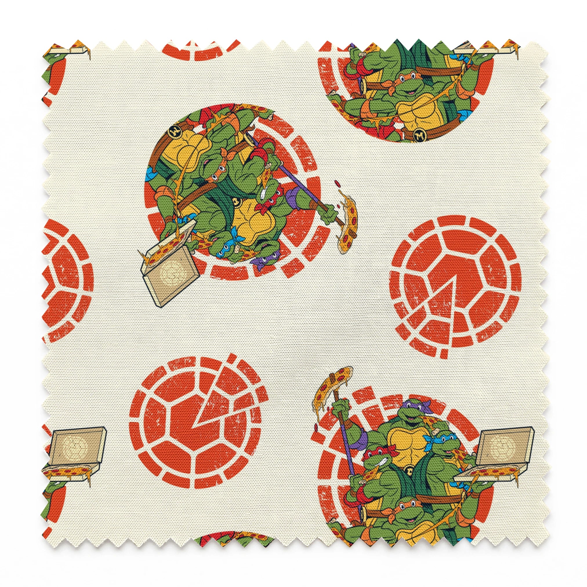 TMNT characters in circular formations on cream background with red shell pattern springs swatch pinked