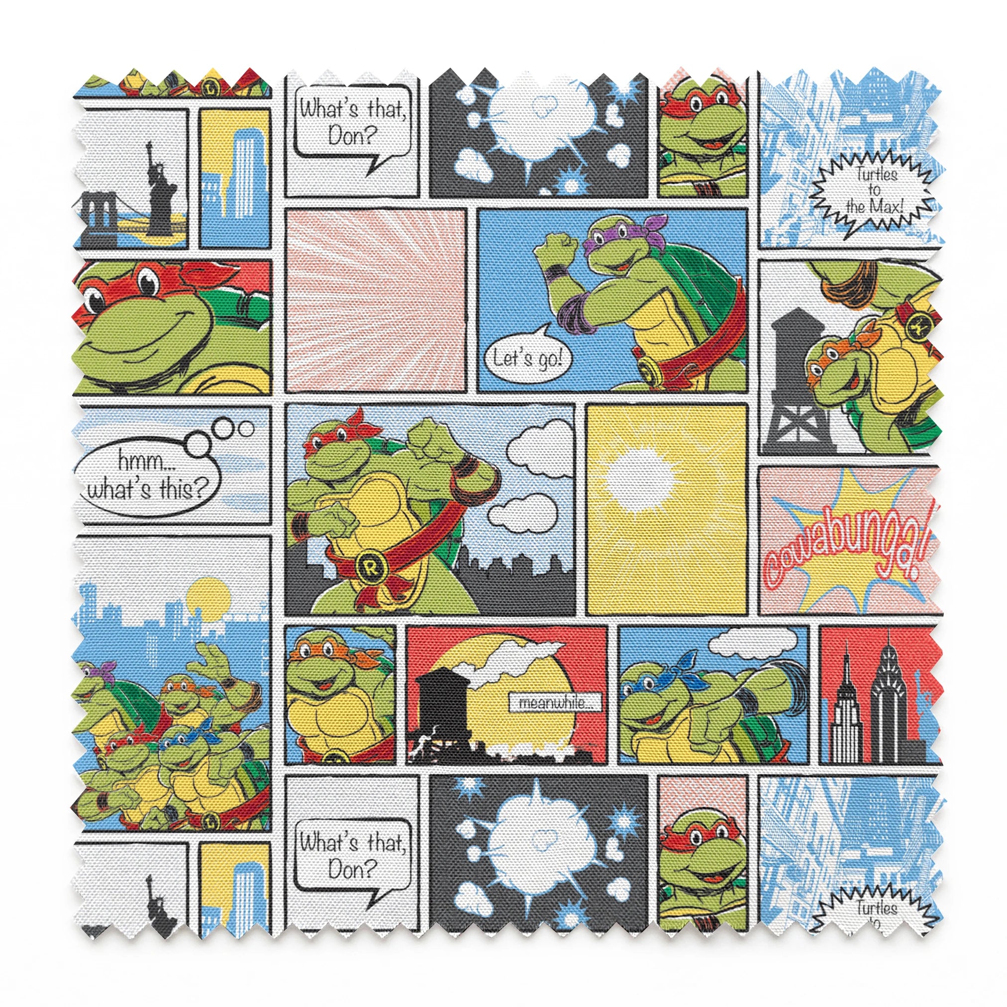 Comic-style grid featuring Teenage Mutant Ninja Turtles with speech bubbles, action scenes, and colorful panels springs swatch pinked