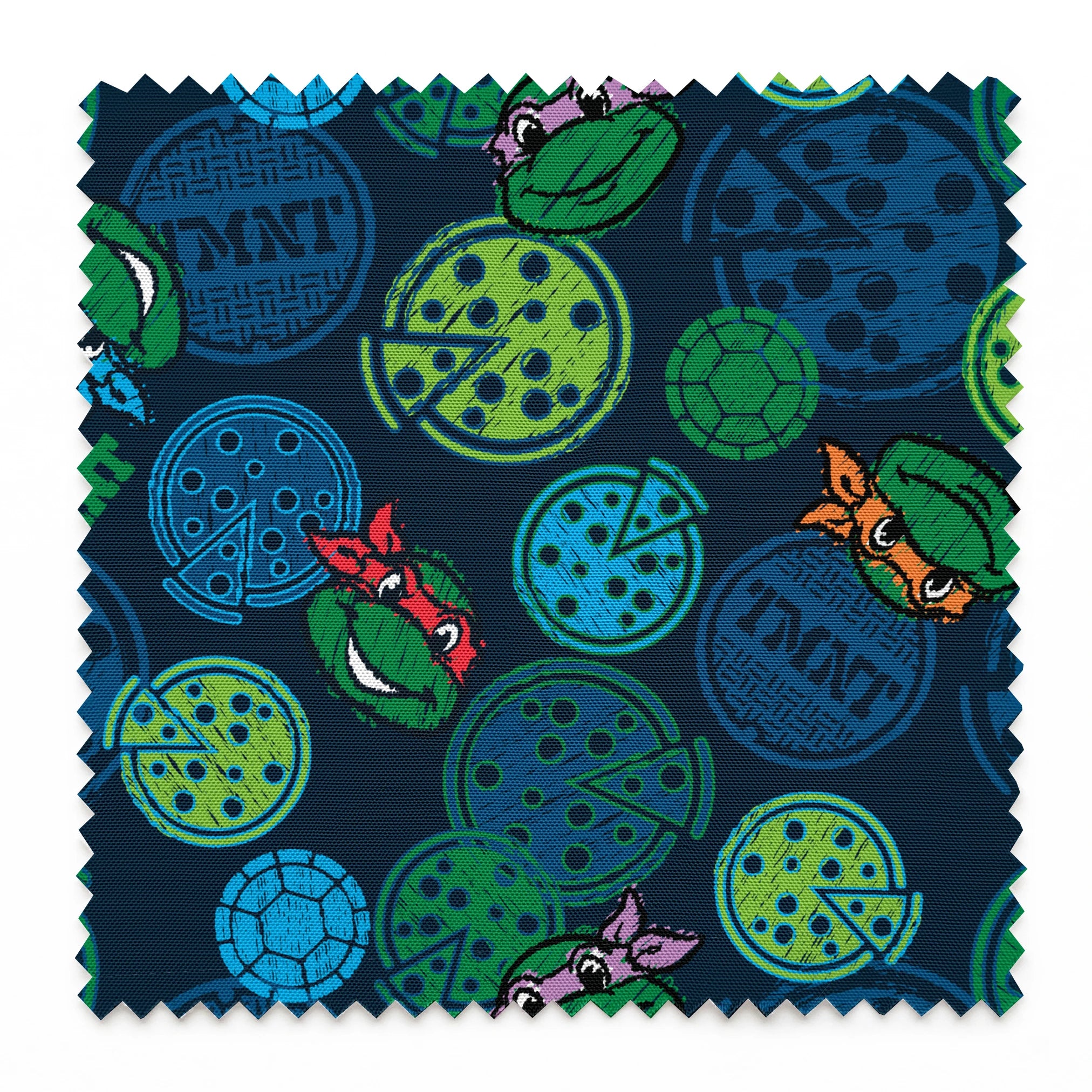 Teenage Mutant Ninja Turtles pattern with cartoon character heads and green/blue pizza circles springs swatch pinked