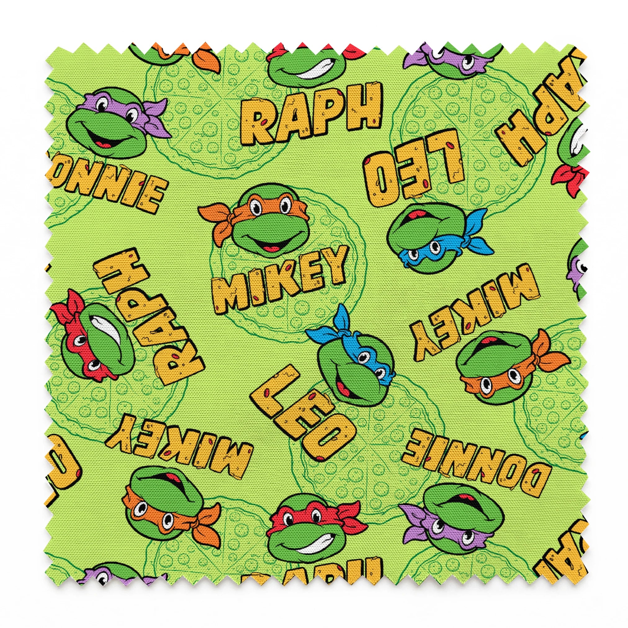 Teenage Mutant Ninja Turtles pattern with cartoon faces, names, and colorful masks on green background springs swatch pinked
