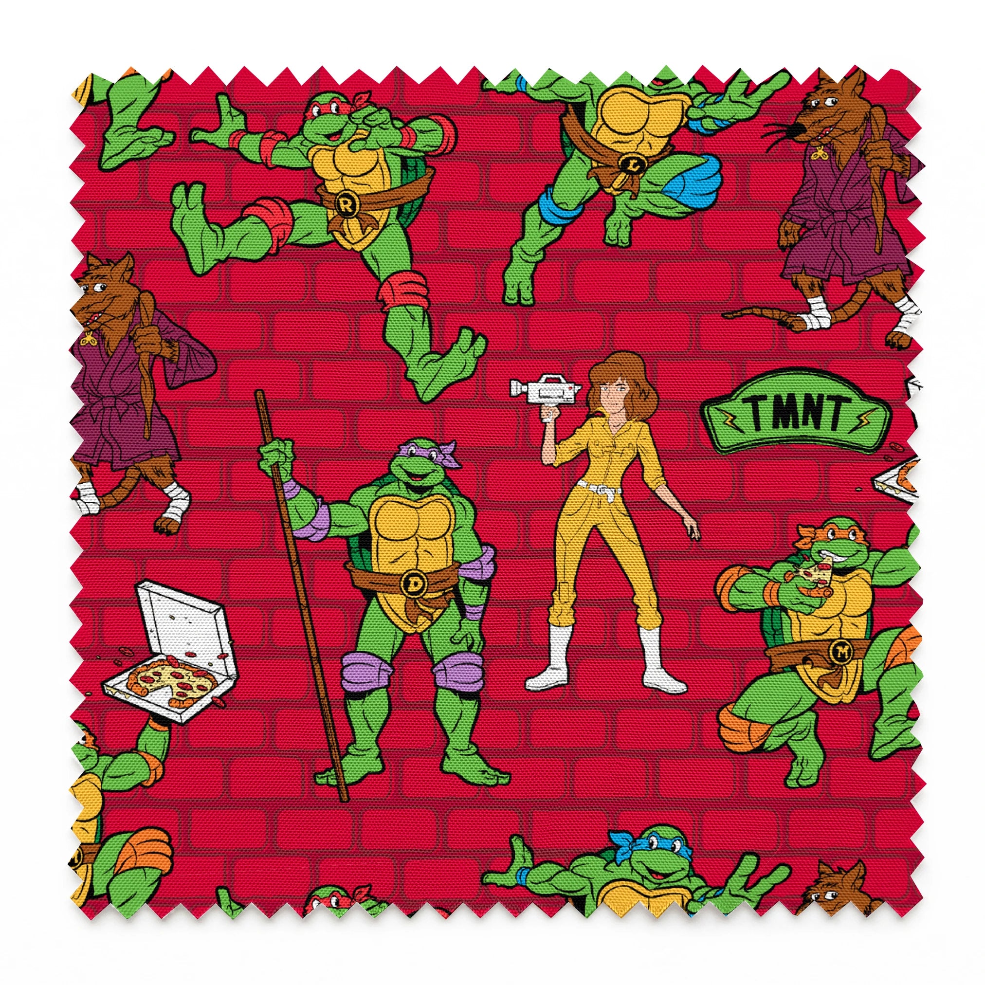 Teenage Mutant Ninja Turtles pattern on red background with green turtle characters in action poses springs swatch pinked