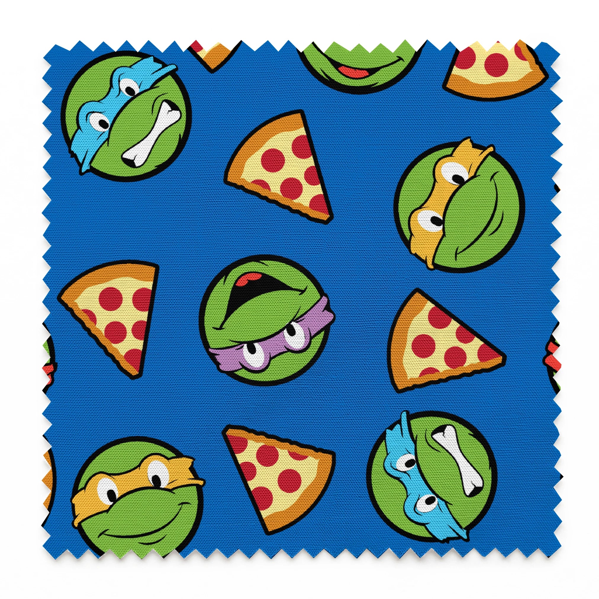 Teenage Mutant Ninja Turtle faces with colored masks and pizza slices pattern on blue background springs swatch pinked