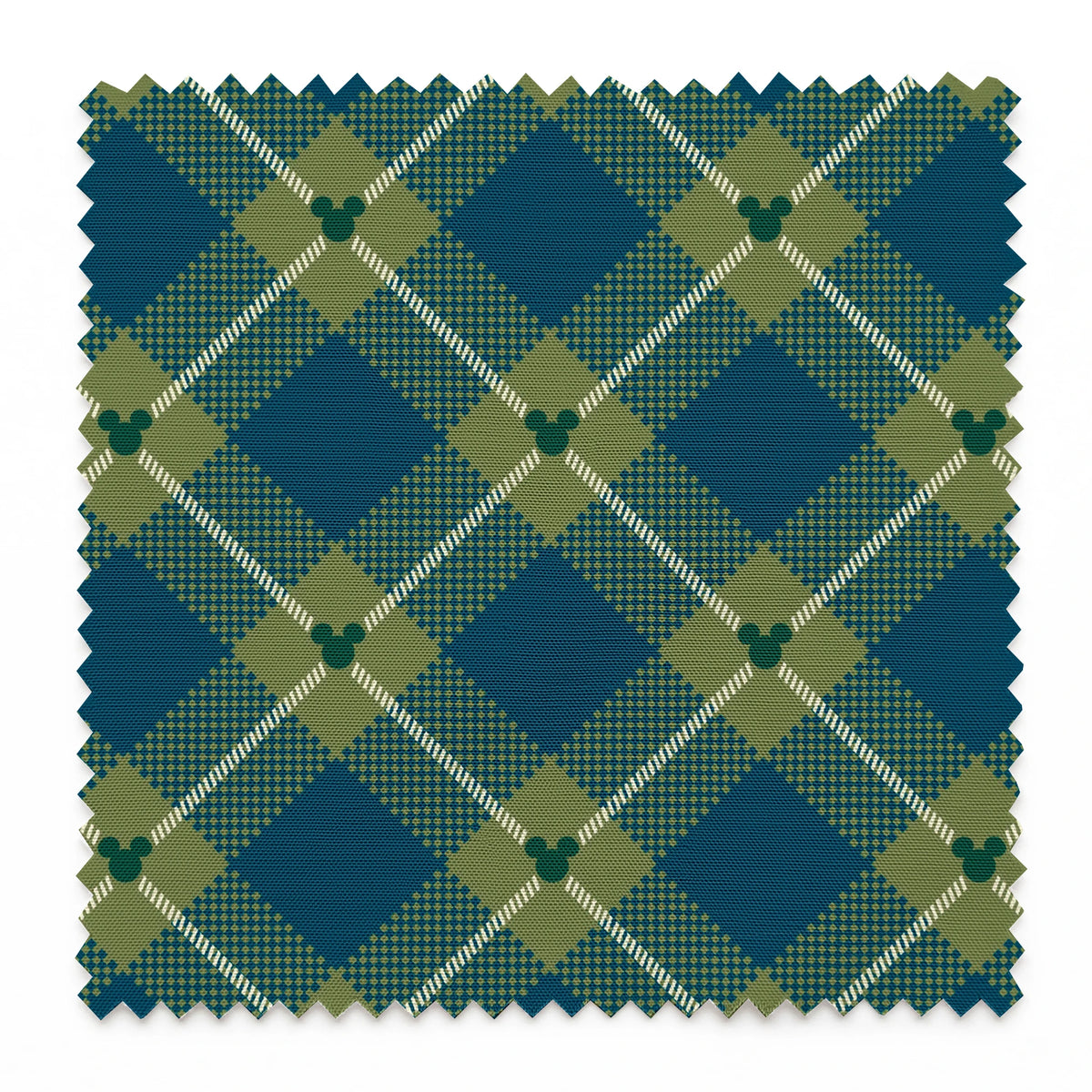 Geometric plaid pattern with teal and olive green diamonds, white diagonal stripes and checkered textures springs swatch pinked