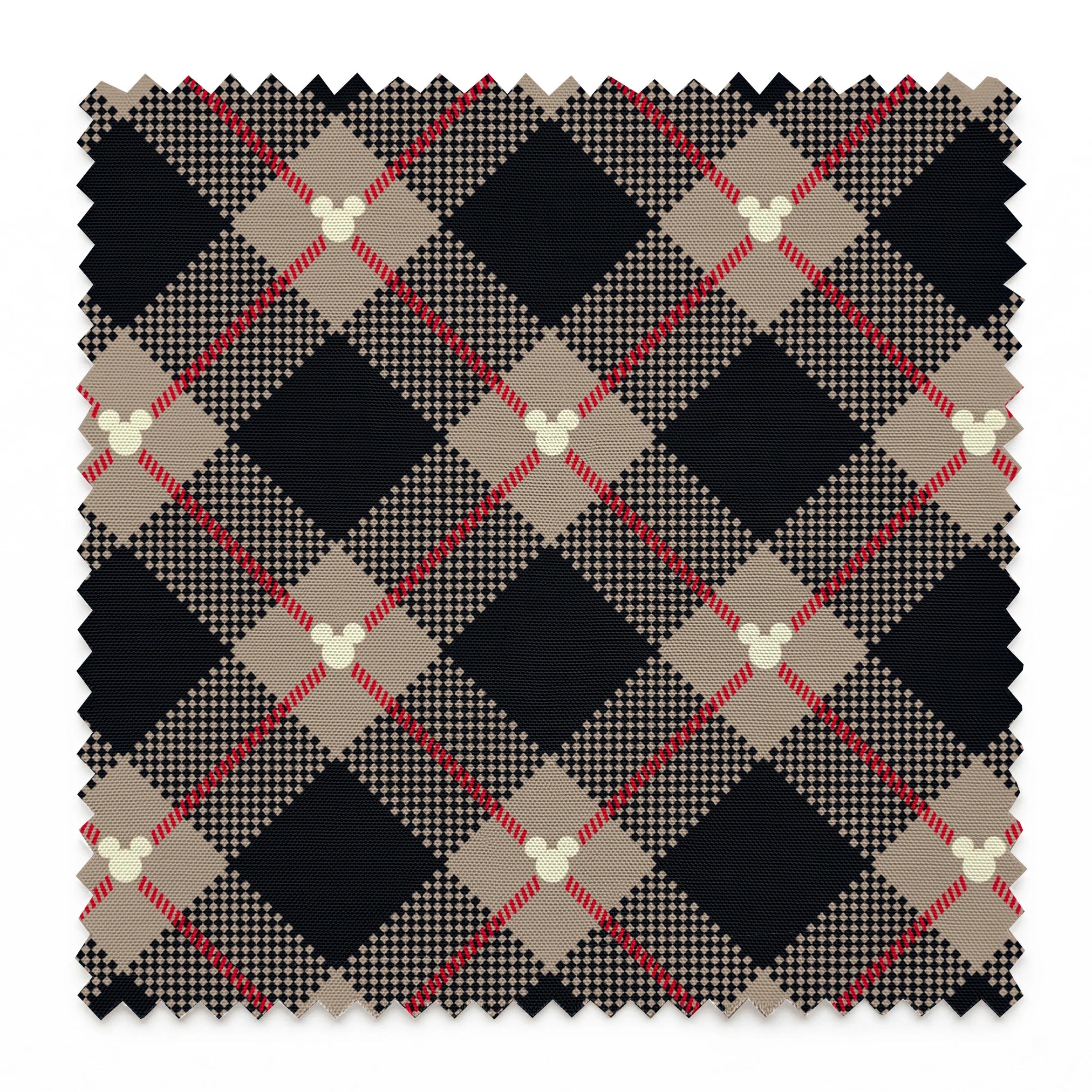 Diagonal plaid pattern with navy, beige, red stripes, checkered sections and small white circular details springs swatch pinked