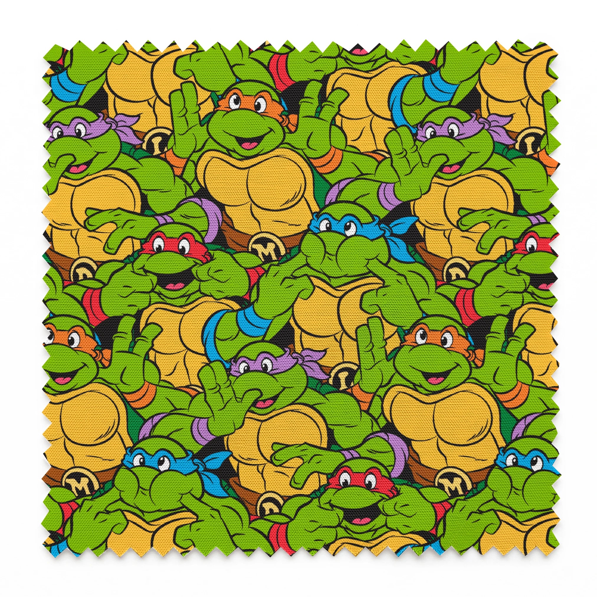 Colorful pattern of cartoon Teenage Mutant Ninja Turtles with green skin and yellow shells springs swatch pinked