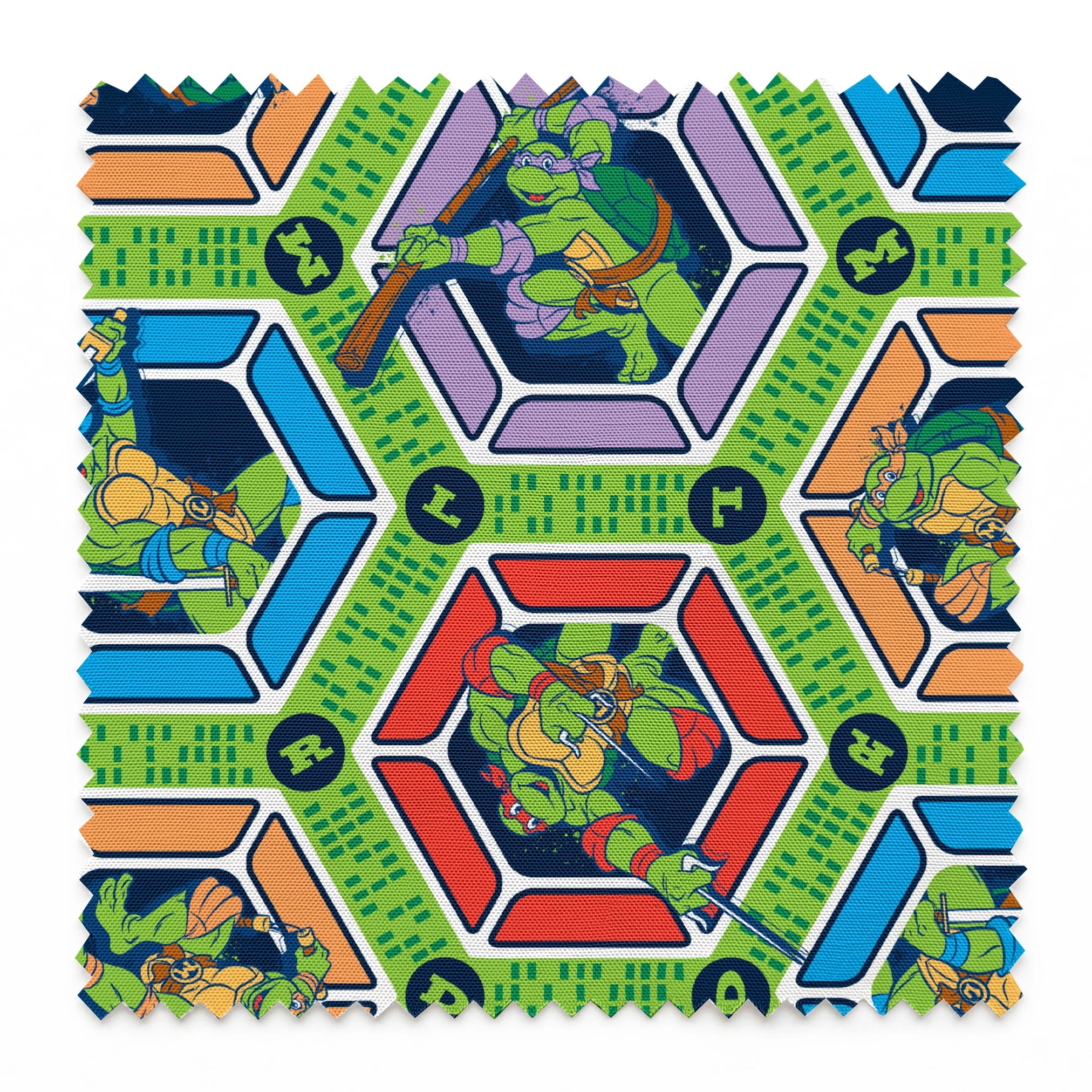 Colorful hexagonal pattern with Teenage Mutant Ninja Turtles and green text strips on blue background springs swatch pinked