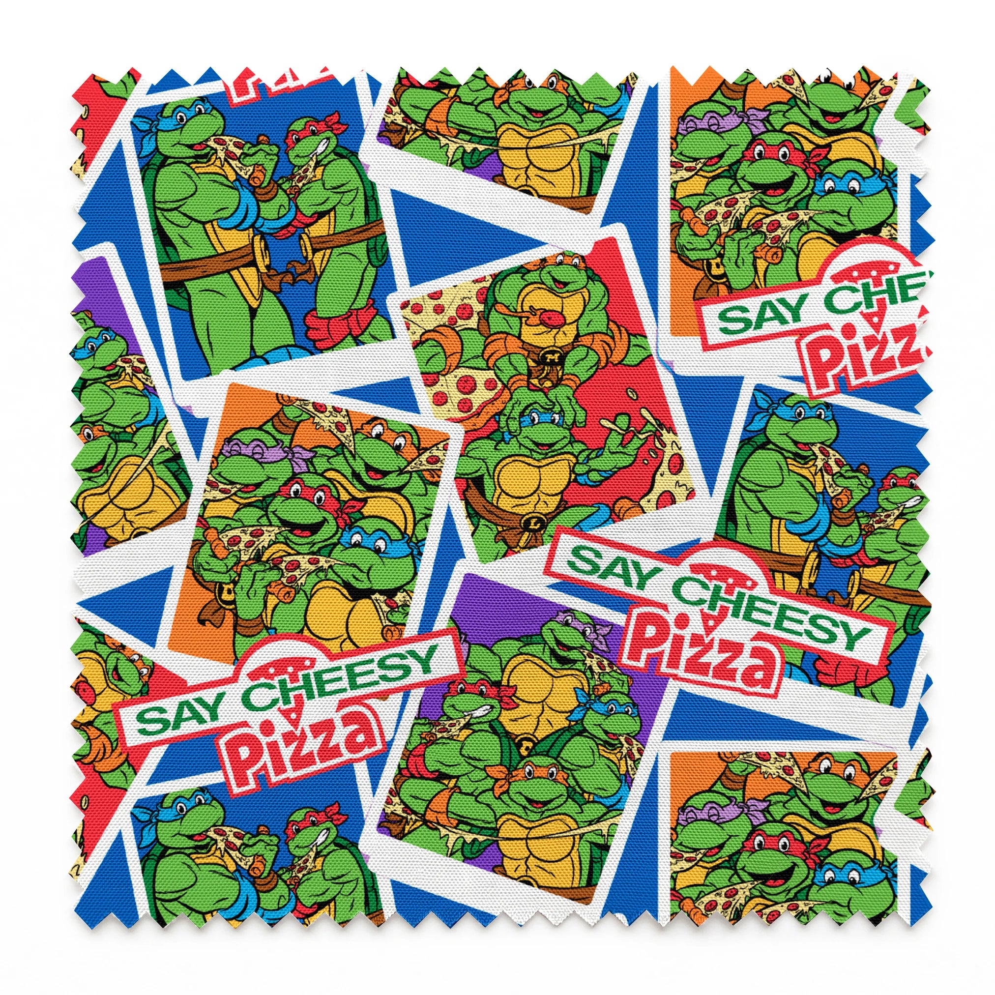 Colorful collage of Teenage Mutant Ninja Turtles cartoon characters with "Say Cheesy Pizza" text on vibrant background springs swatch pinked