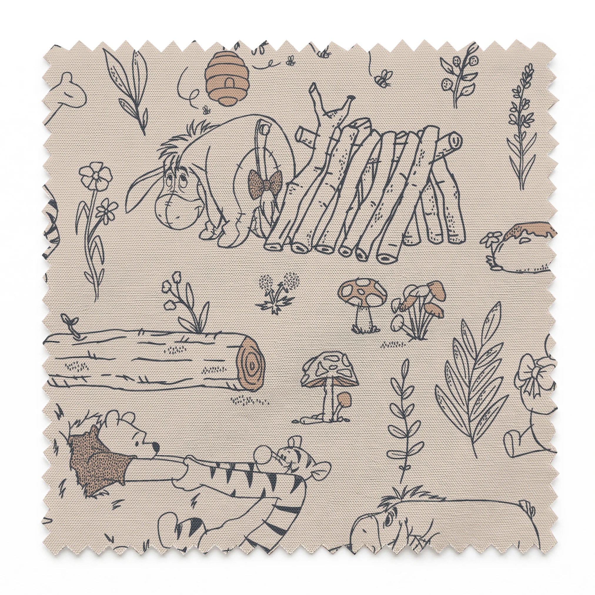Whimsical illustrated pattern of woodland animals, logs, and plants in black line art on beige background springs swatch pinked