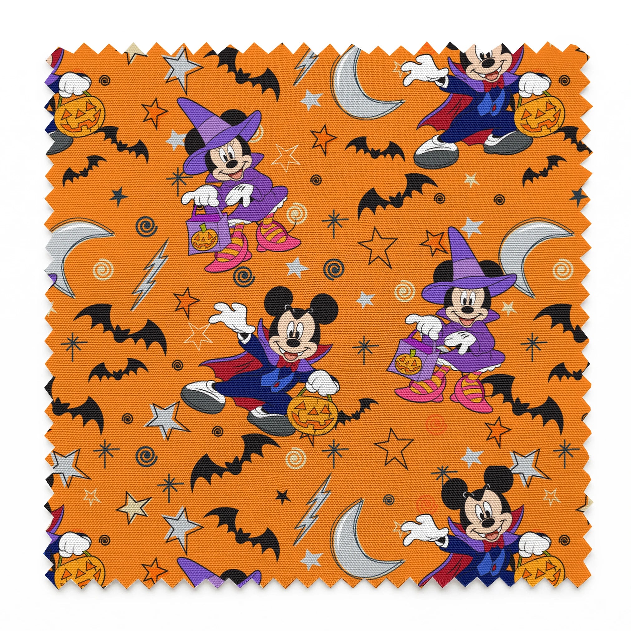 Halloween-themed cartoon pattern with Disney characters in costumes, bats, stars, moons, and ghosts on orange background. springs swatch pinked