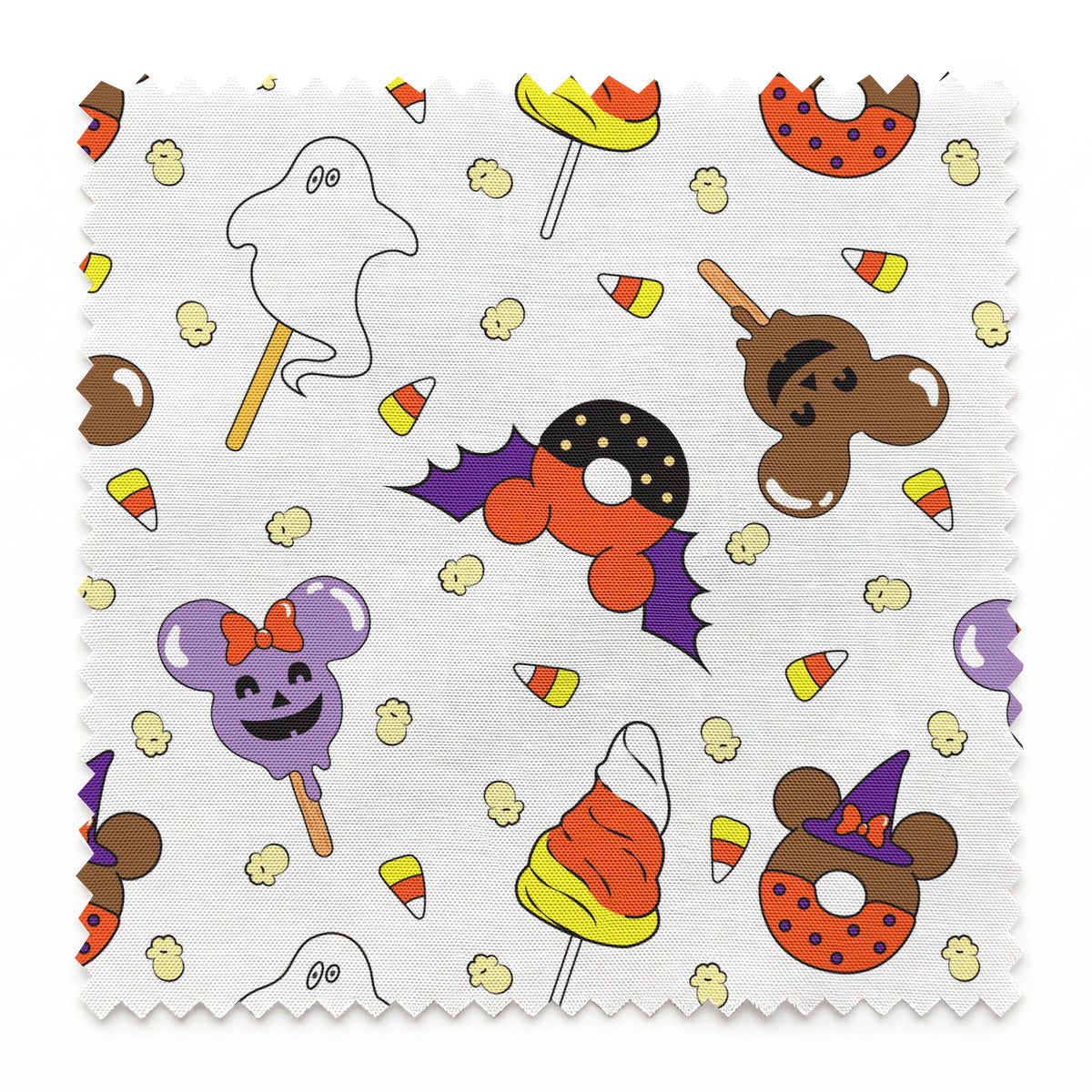 Disney Halloween themed pattern with candy lollipops, ghost, bats, and candy corn springs swatch pinked