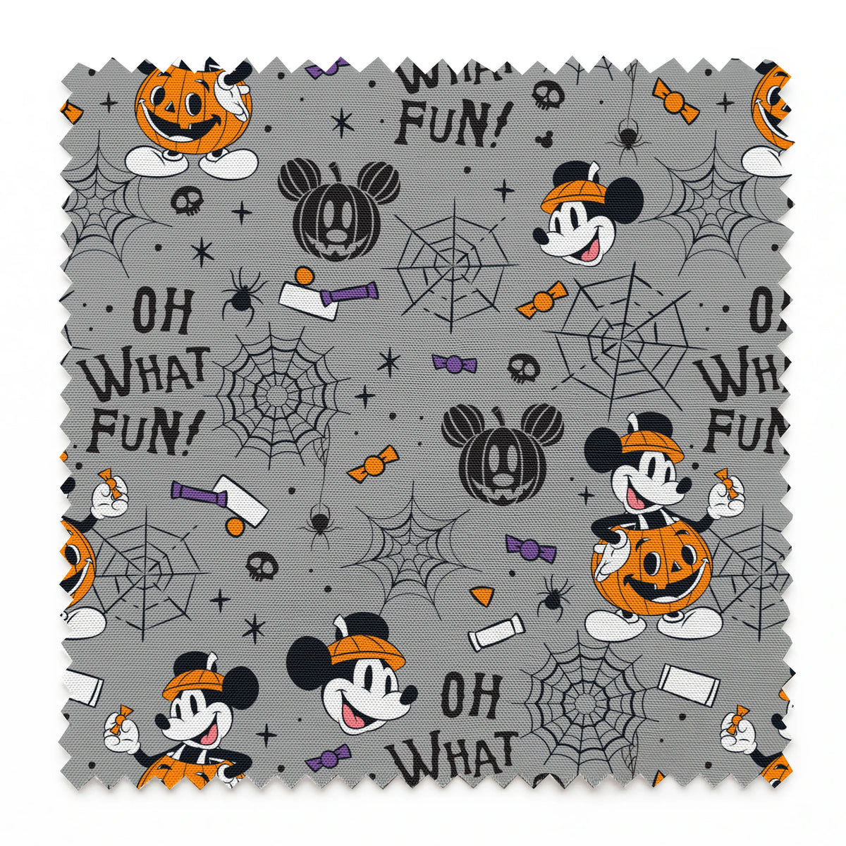 Halloween pattern with Mickey Mouse characters, pumpkins, spider webs, and "Oh What Fun!" text on gray background springs swatch pinked