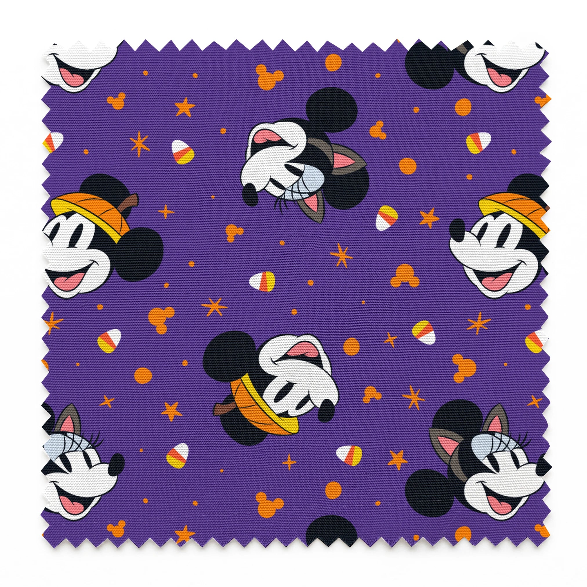 Mickey Mouse Halloween pattern with candy corn and stars on purple background springs swatch pinked