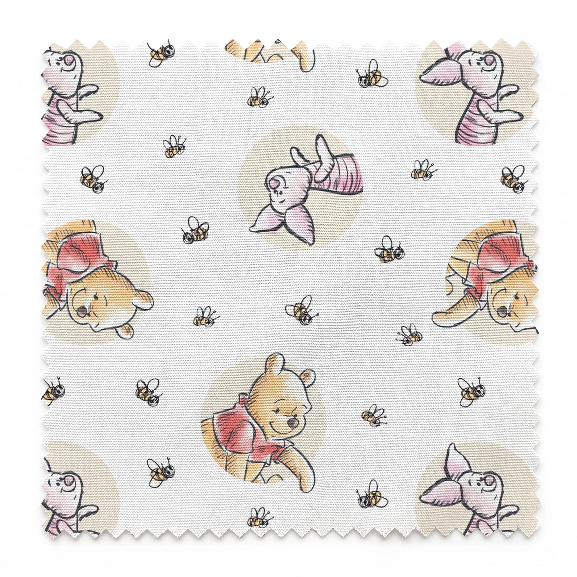 Cute cartoon Winnie the Pooh and Piglet pattern with circular vignettes and buzzing bees springs swatch pinked