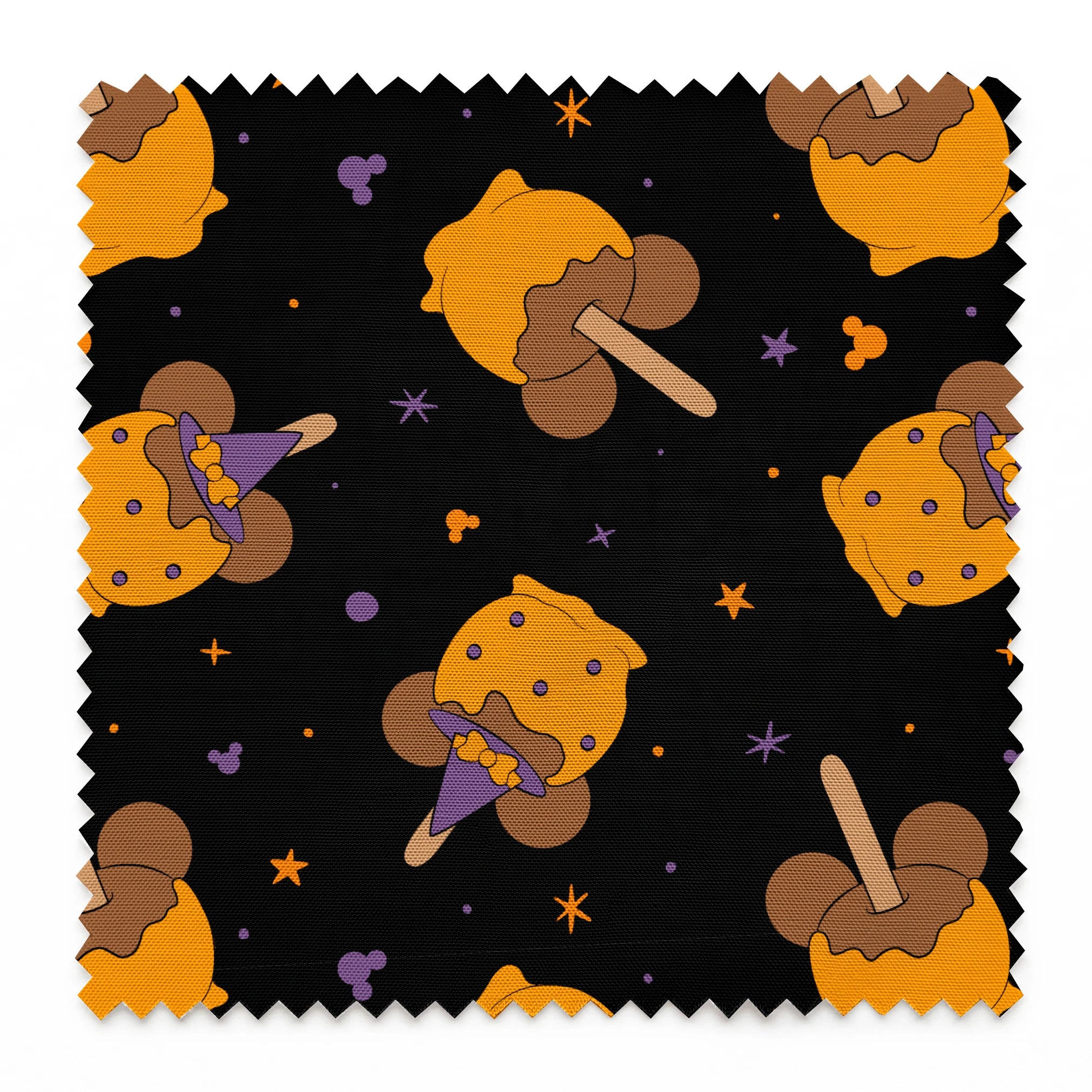 Disney-inspired caramel apples and candy apples floating in a space-like black background with purple stars. springs swatch pinked