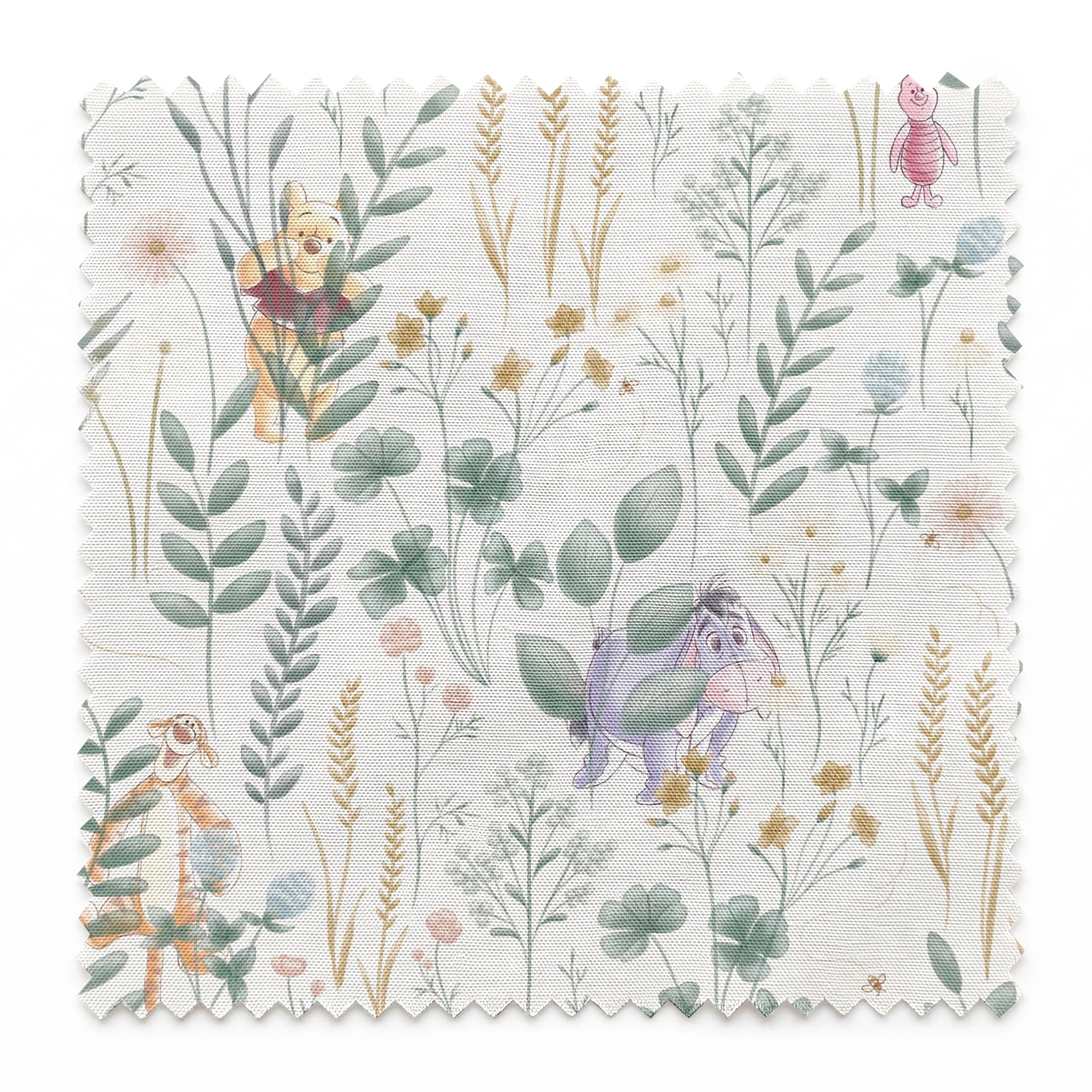 Whimsical botanical pattern with colorful teddy bears and creatures among green plants and flowers springs swatch pinked