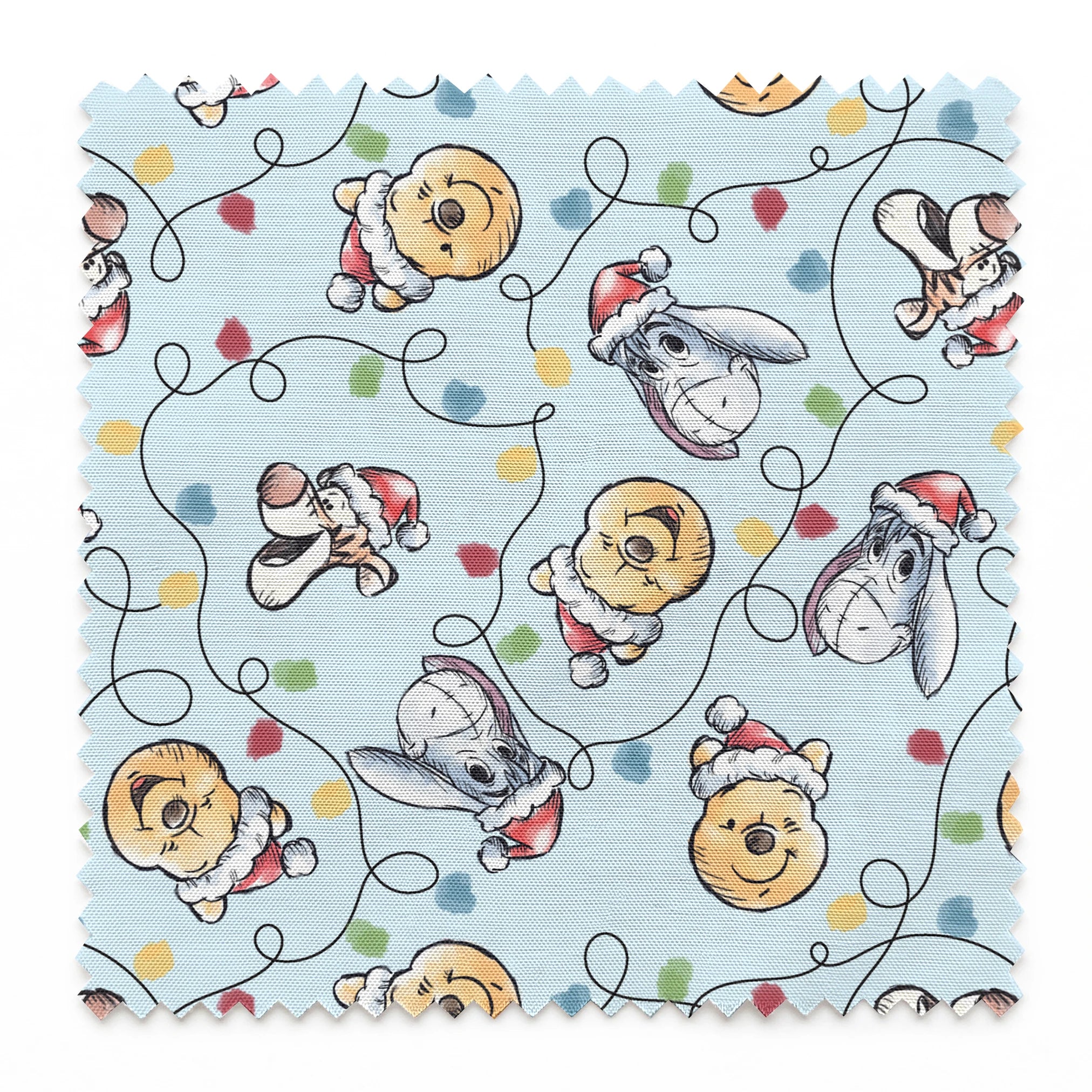 Winnie the Pooh Christmas pattern with Pooh bear, Eeyore, and Tigger in Santa hats on blue background springs swatch pinked