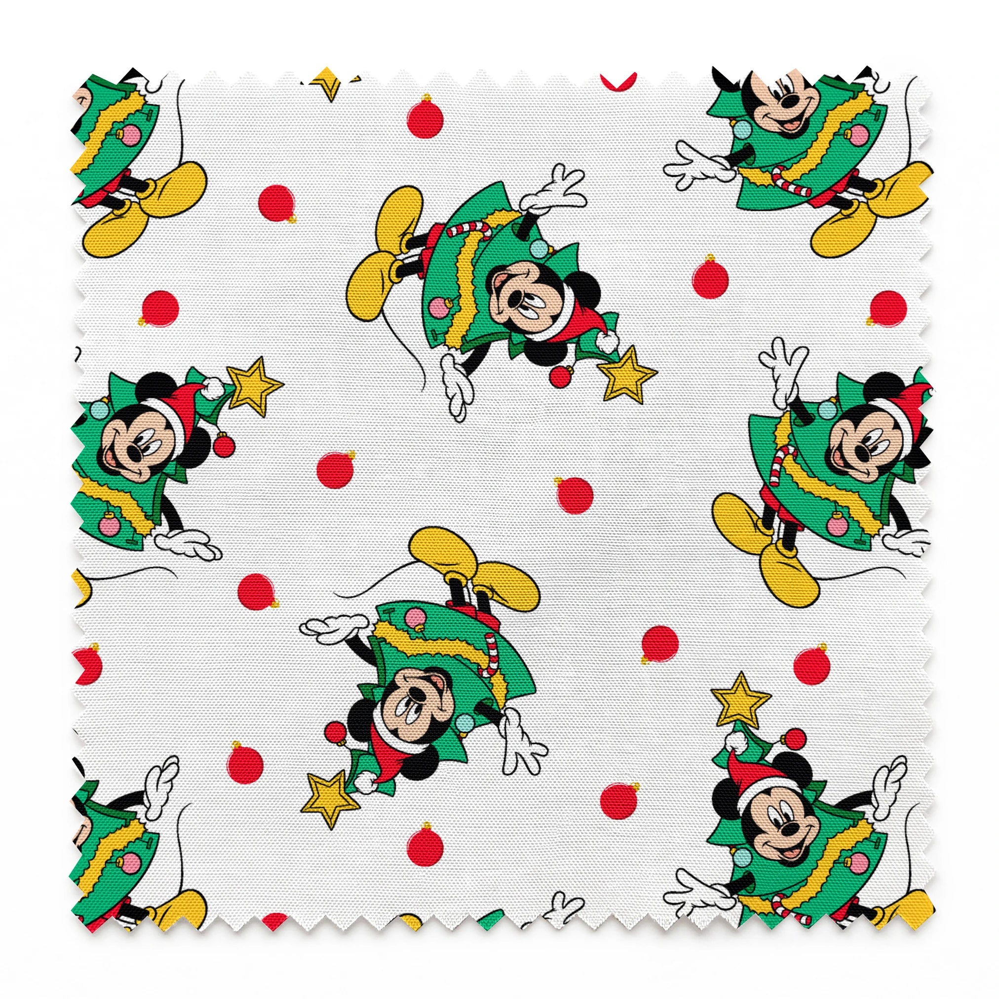 Mickey Mouse in a Christmas tree costume and stars on white background with red dots springs swatch pinked