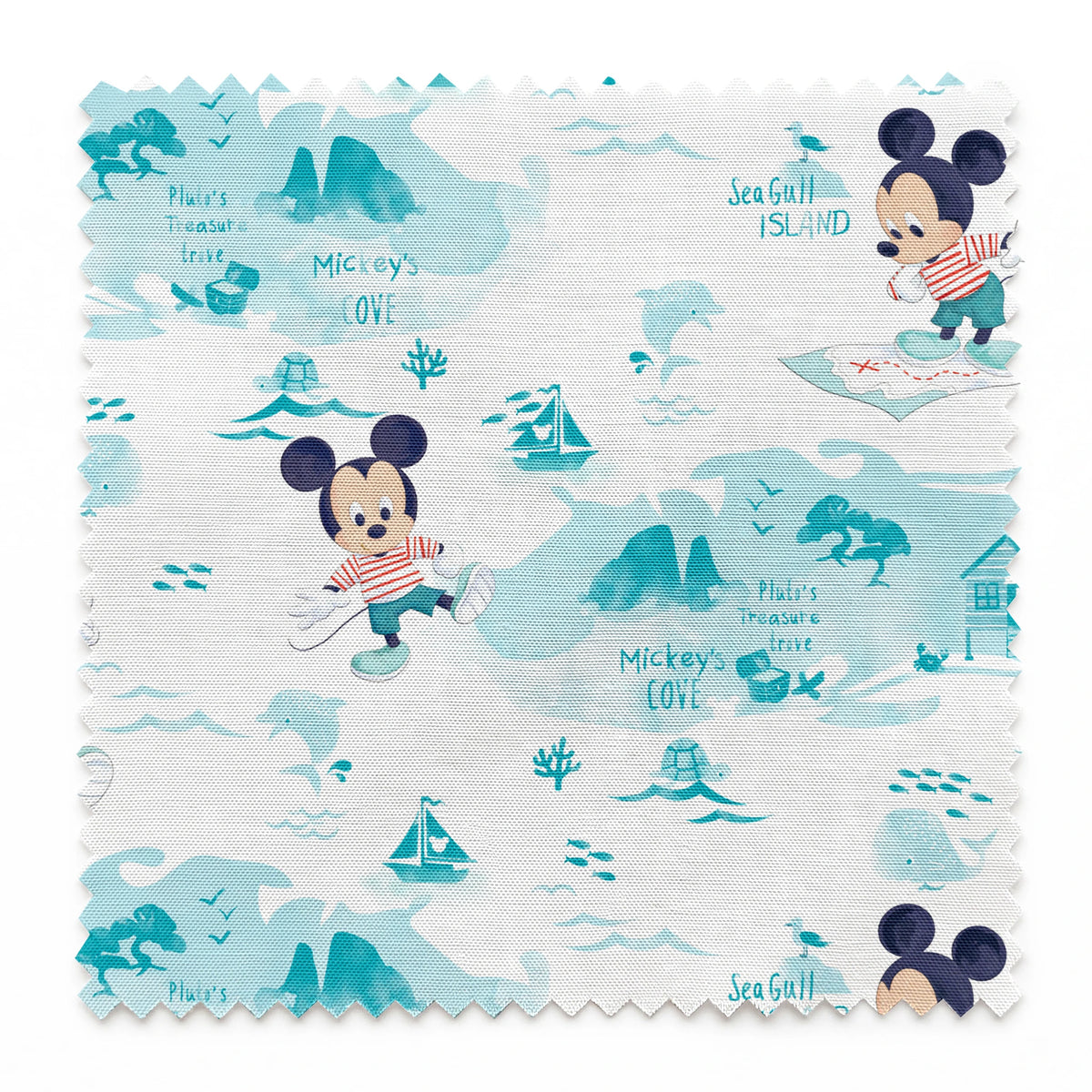 Cartoon Mickey Mouse pattern with turquoise ocean elements, sharks, waves, and "Safari" text springs swatch pinked